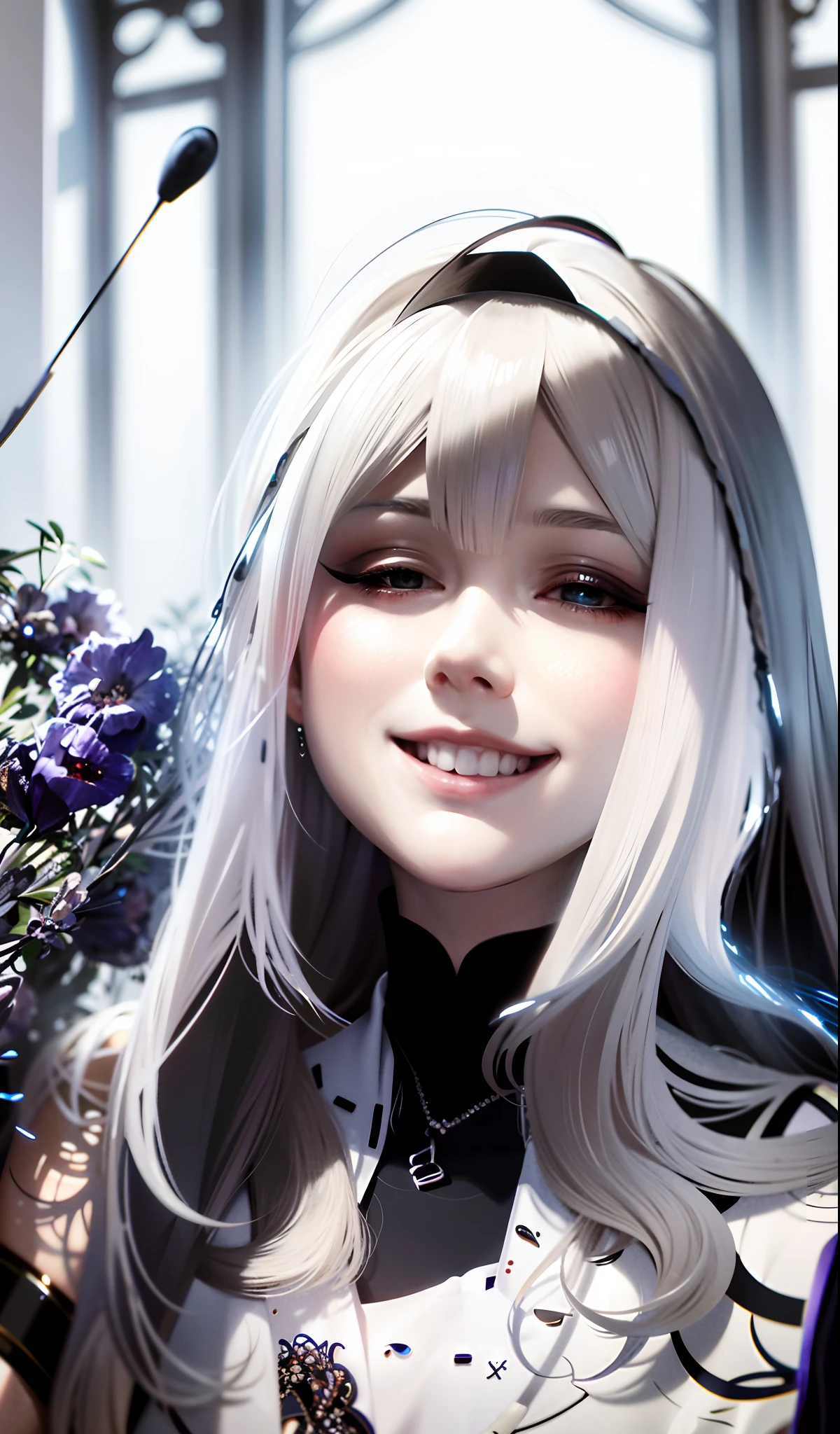 8K,best qualtiy,tmasterpiece,超A high resolution,Magnificent and beautiful character art,Stunning character art,Woman wears a black cloth band to cover her eyes,Gray hair,Anime girl with flowers in her hair, Gray background,This is detailed onmyoji-style art,Whiten the face,frostbite,Silk robes,Very beautiful girl,Blind freedom of the few,style of anime4 K, anime wallpaper 4k, white haired god, anime styled 3d
