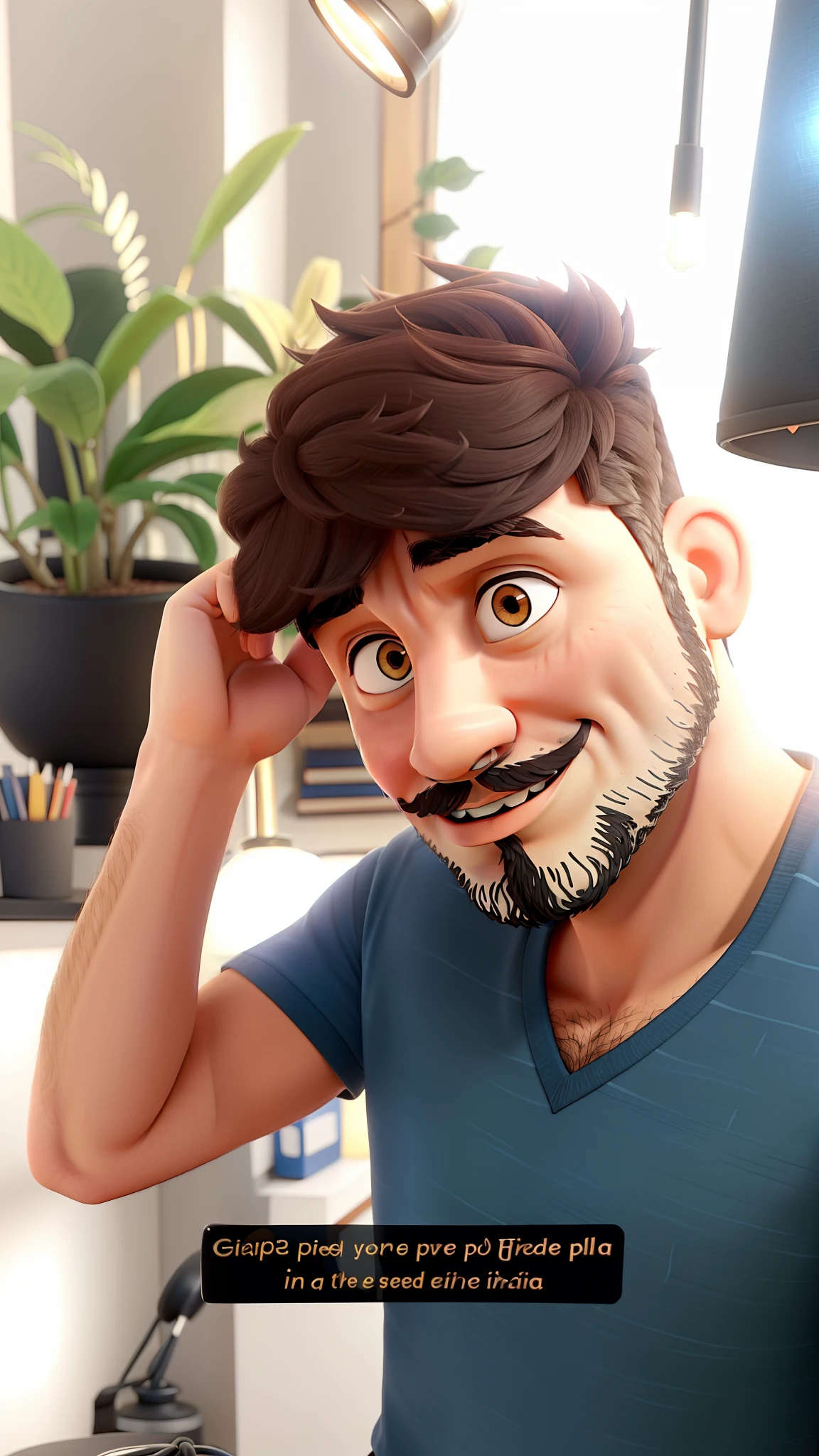 Um jovem ator de cabelos cacheados com barba e bigode, illuminated by the light of a lamp