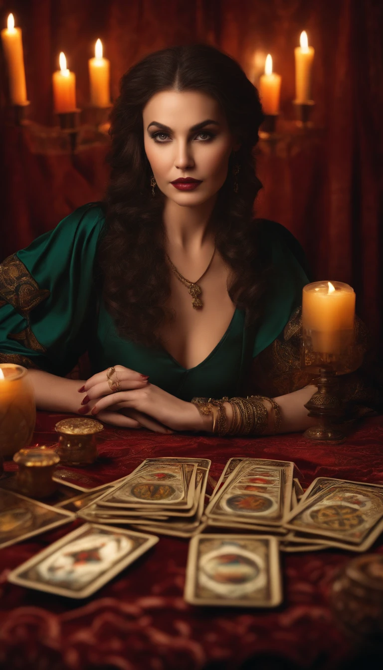 Realistic woman sitting with tarot cards on table