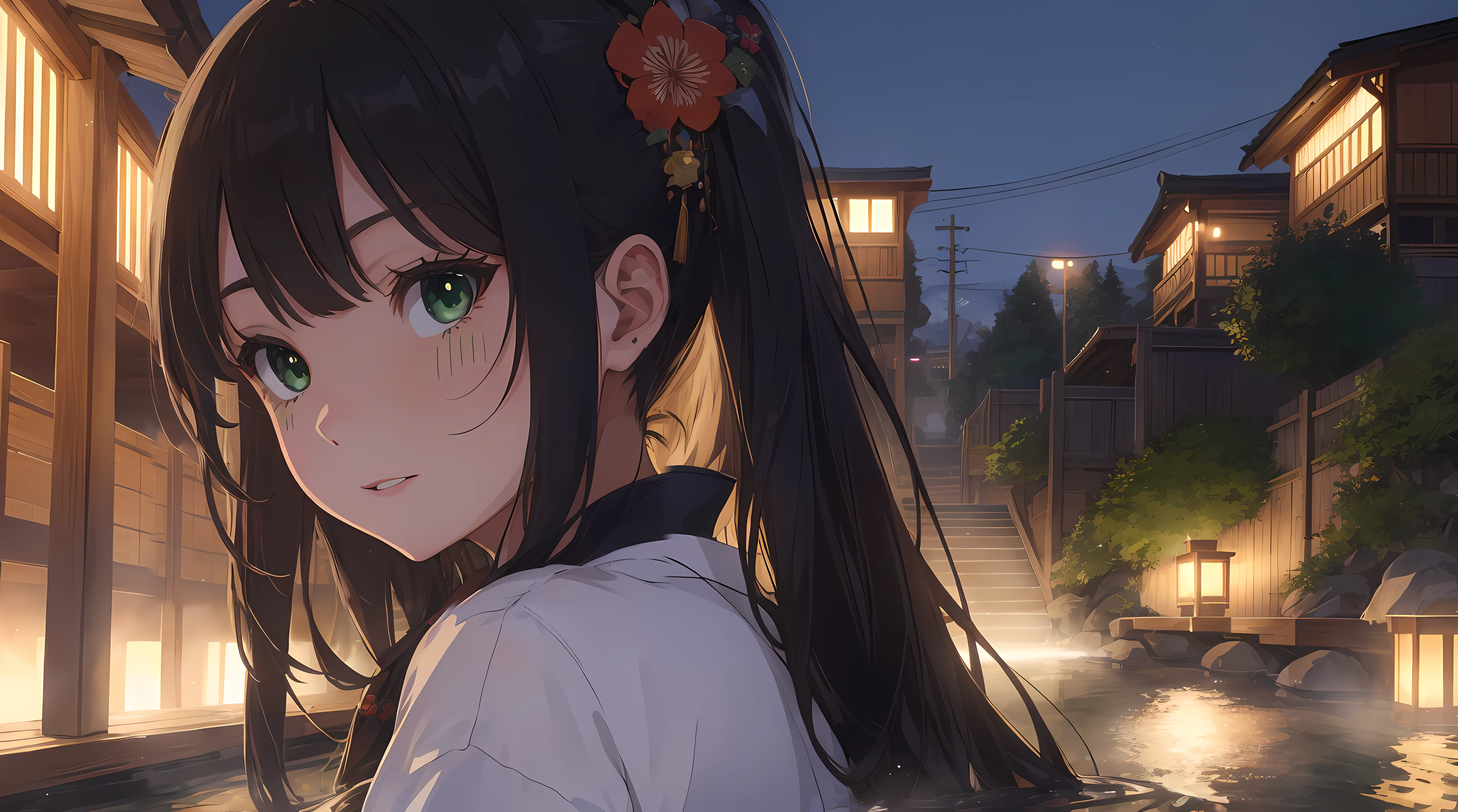 8k, Photorealistic, hyper detailed, Very detailed, closeup photo of a girl, long flowing hair, colorful hair, wearing a kimono, onsen in the background, natural hot springs best quality, realistic, photorealistic, (intricate details:1.2), (delicate detailed), (cinematic light, best quality Backlights), clear line, sharp focus, realistic face, detailed face, unity 8k wallpaper, ultra high res, photorealistic, looking at viewer, 16k, UHD.