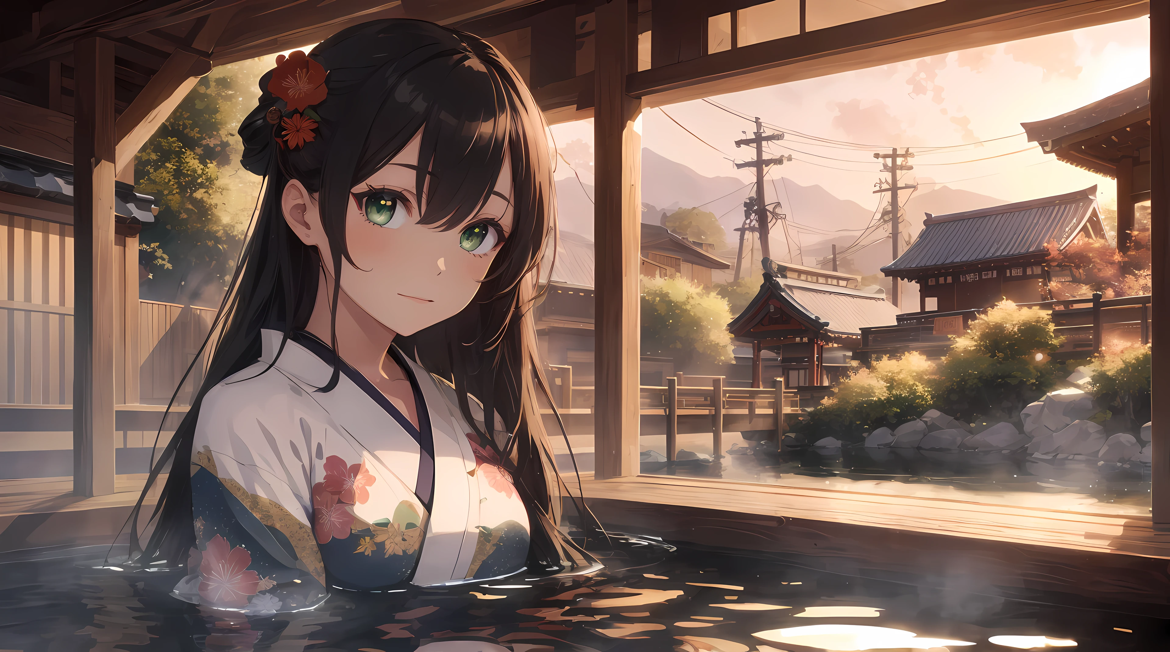 8k, Photorealistic, hyper detailed, Very detailed, closeup photo of a girl, long flowing hair, colorful hair, wearing a kimono, onsen in the background, natural hot springs best quality, realistic, photorealistic, (intricate details:1.2), (delicate detailed), (cinematic light, best quality Backlights), clear line, sharp focus, realistic face, detailed face, unity 8k wallpaper, ultra high res, photorealistic, looking at viewer, 16k, UHD.