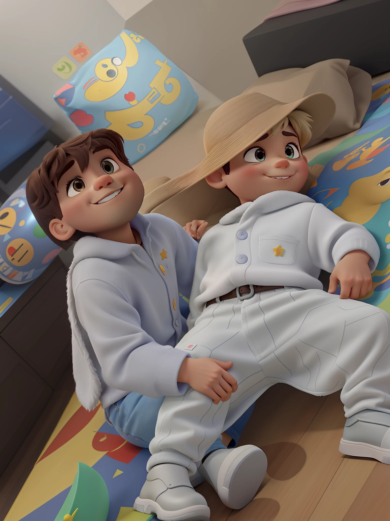 Dois bebes um deitado e outro sentado estilo disney pixar, alta qualidade, melhor qualidade