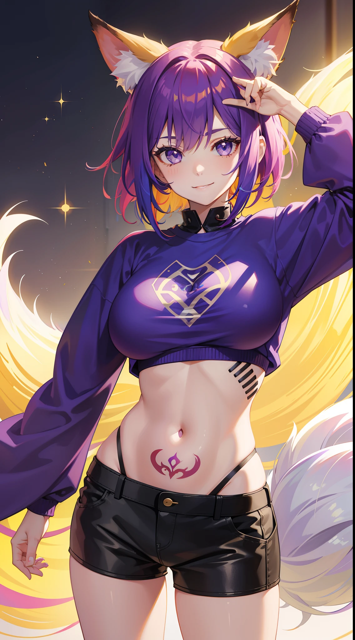 young girl, multi-colored hair, Short purple hair with yellow tips, Fox ears, blue eyes, Smile, open belly, Purple T-shirt, Huge-breasts, red tattoos, Shorts, Masterpiece, hiquality, 4k, HD, Good detail
