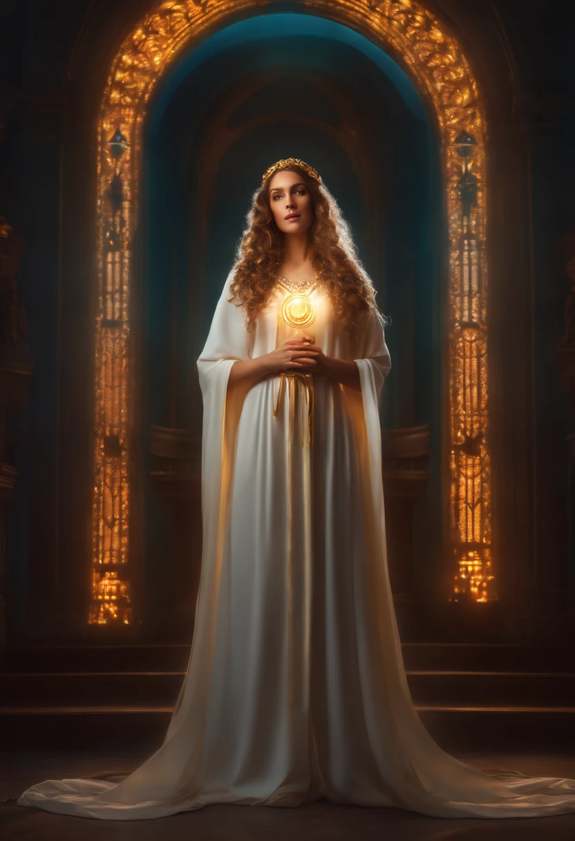 Female priest with long curly hair, religious robes, Head-Down Cast, Clasp hands, Wearing a circlet, A simple halo around her head, Full body shot, glowing light eyes, holy, Bright colors, light Particle, with light glowing, Musif, Wallpaper Art, UHD Wallpapers