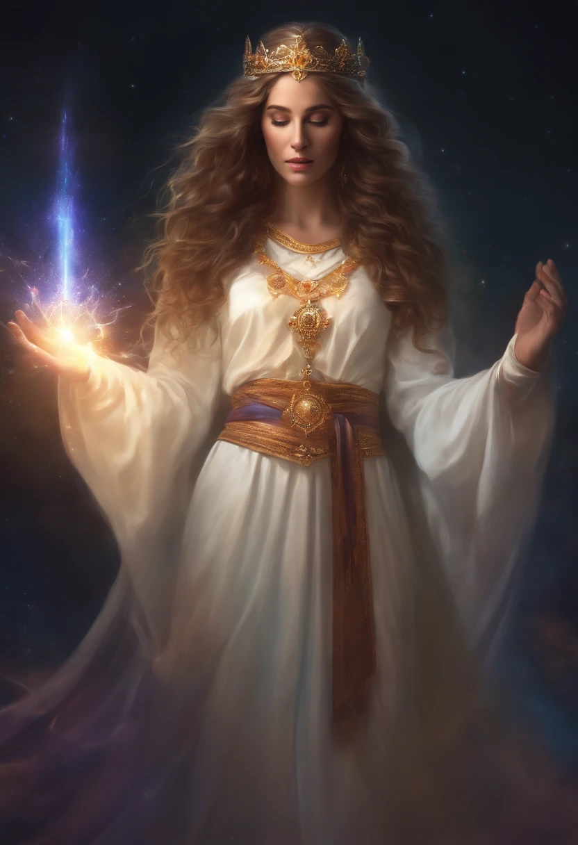 Female priest with long curly hair, religious robes, Head-Down Cast, Clasp hands, Wearing a circlet, A simple halo around her head, Full body shot, glowing light eyes, holy, Bright colors, light Particle, with light glowing, Musif, Wallpaper Art, UHD Wallpapers