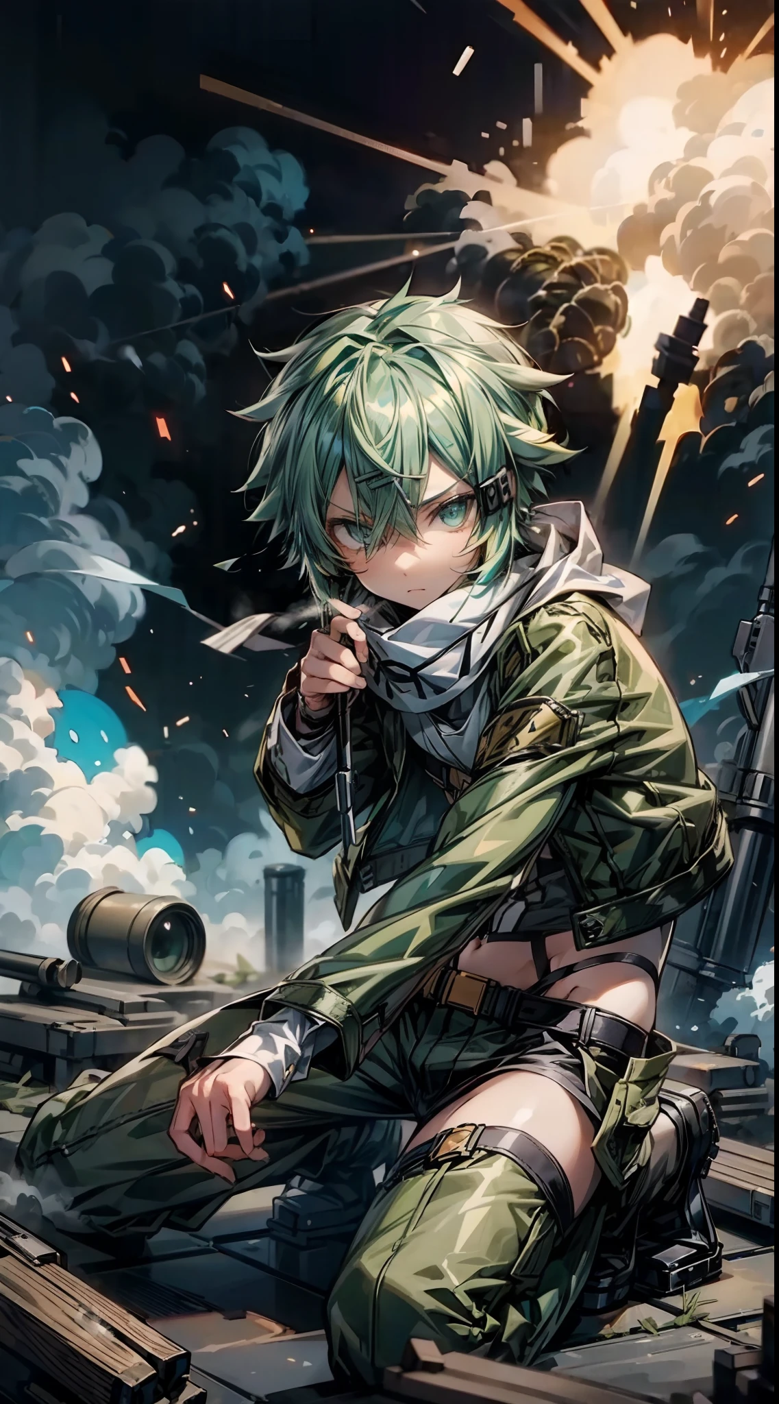High resolution, high quality, ultra detailed, sinon1, scarf, hairclip, green_jacket, shorts, prone pose, warfare situation, (explosions surrounded him), smoke atmosphere, grenade