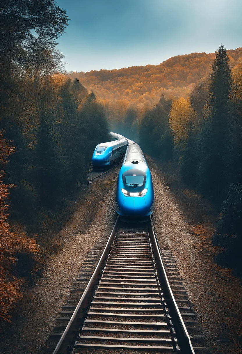 UI illustration,Flattening,Blue,High-speed rail is speeding on the railway,rios,城市,the woods,Skysky
