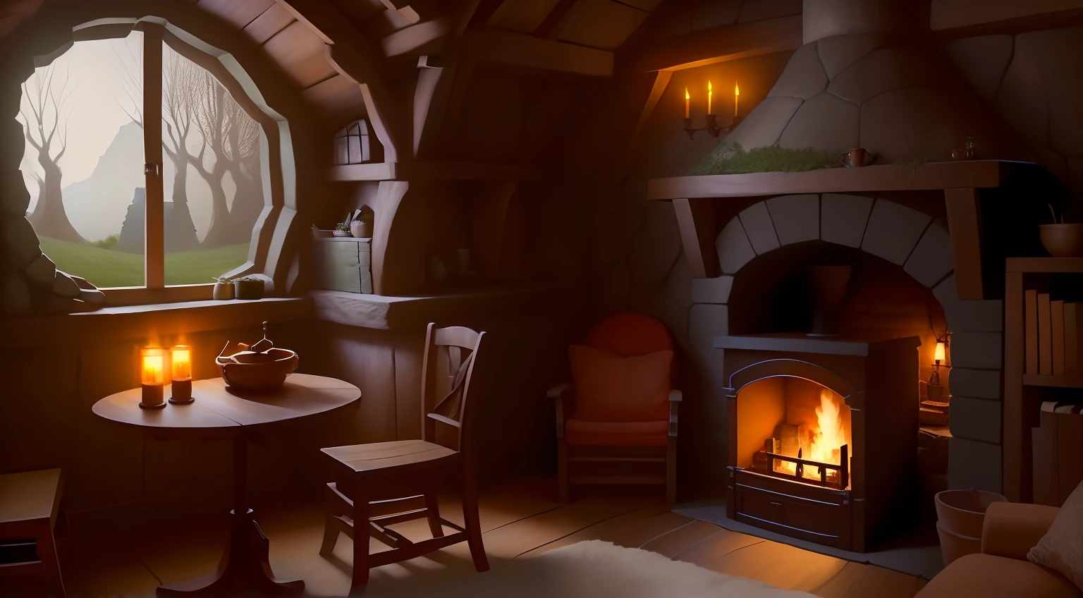 there is a room with a fireplace and a table with chairs, interior of a hobbit hole, in his hobbit home, inside a medieval hobbit home, a multidimensional cozy tavern, mix with rivendell architecture, cosy enchanted scene, hobbit hole, cozy setting, cozy place, cozy environment, cozy and peaceful atmosphere, cosy atmosphere, cosy atmoshpere