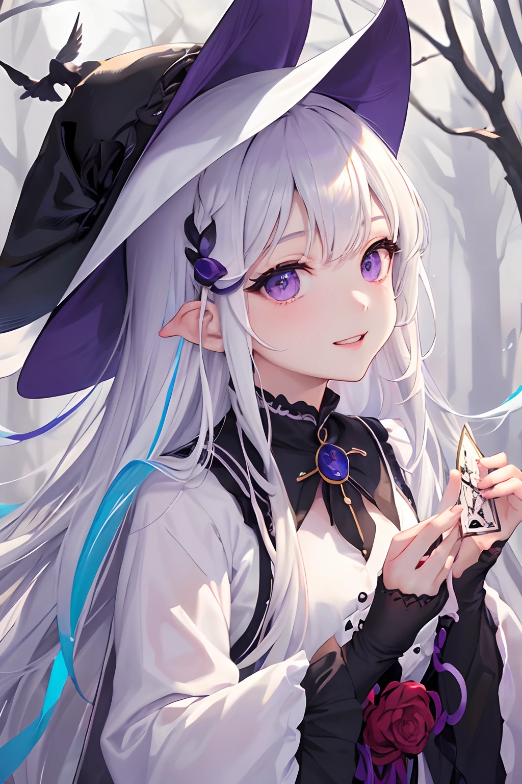 masterpiece:1.2、hightquality、top-quality、hight resolution、detaileds、A hyper-realistic、20Beauty of the same age、long hair of white color,,,,,,,,,,,,,,,,,,、Beautiful purple eyes、tilt of the head、morning glow、birdie、rainbows、portlate、Lovely smile、Smiling、(A detailed face)、((foco nítido))、((faces))、full body Esbian、Black hat、Fortune teller's style、Holding tarot cards in his hand。