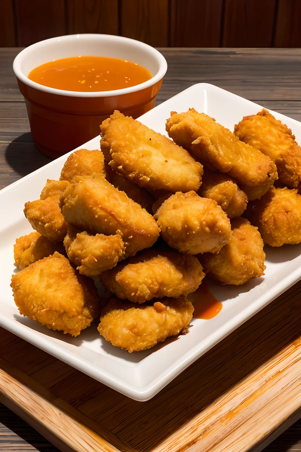 Wooden tray for fried food,Coated with orange sauce, Korean-style fried chicken, , High quality product image, chicken nuggets, very crispy, kfc chicken, crispy, stock image, hot food, delicacy, Partial, future!!, high quality food photography, Order, Vivid!!,appetizing, deep fried,the background is clean