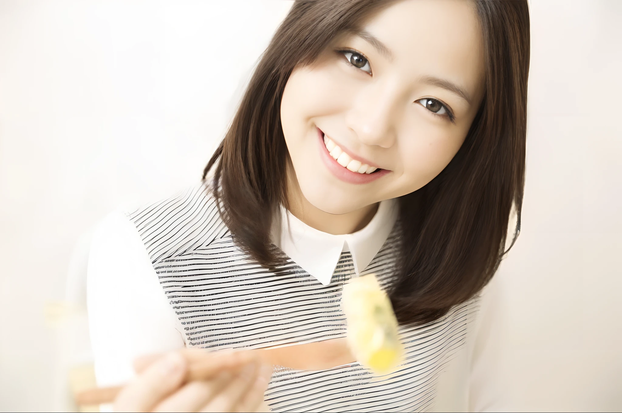 (Japan Beauty 1,Beautie,The face of Japan's cutest idol,Camera gaze,Biggest smile、Prick food with a fork,hawke,Prick food with a sharp fork,Perfect makeup,long eyelashes,length hair,waved hair,Everything is classy and elegant,off-shoulder knit,Colossal tits,Chest that seems to burst,emphasizing breasts),(View here,It's the perfect camera gaze,Clean teeth,face perfect,White teeth,perfect teeth,8K、hightquality、best qualtiy,tmasterpiece,hight resolution,At 8K,Ulutra HD,softlighting,,hightquality, There is a woman holding food in her hands,