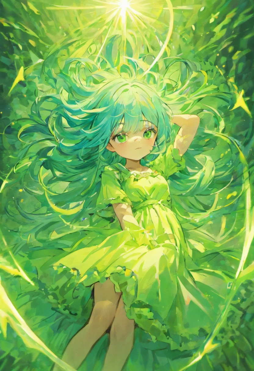 adolable,blue hair,Green dress,long whitr hair,Sit and read,The sun pours