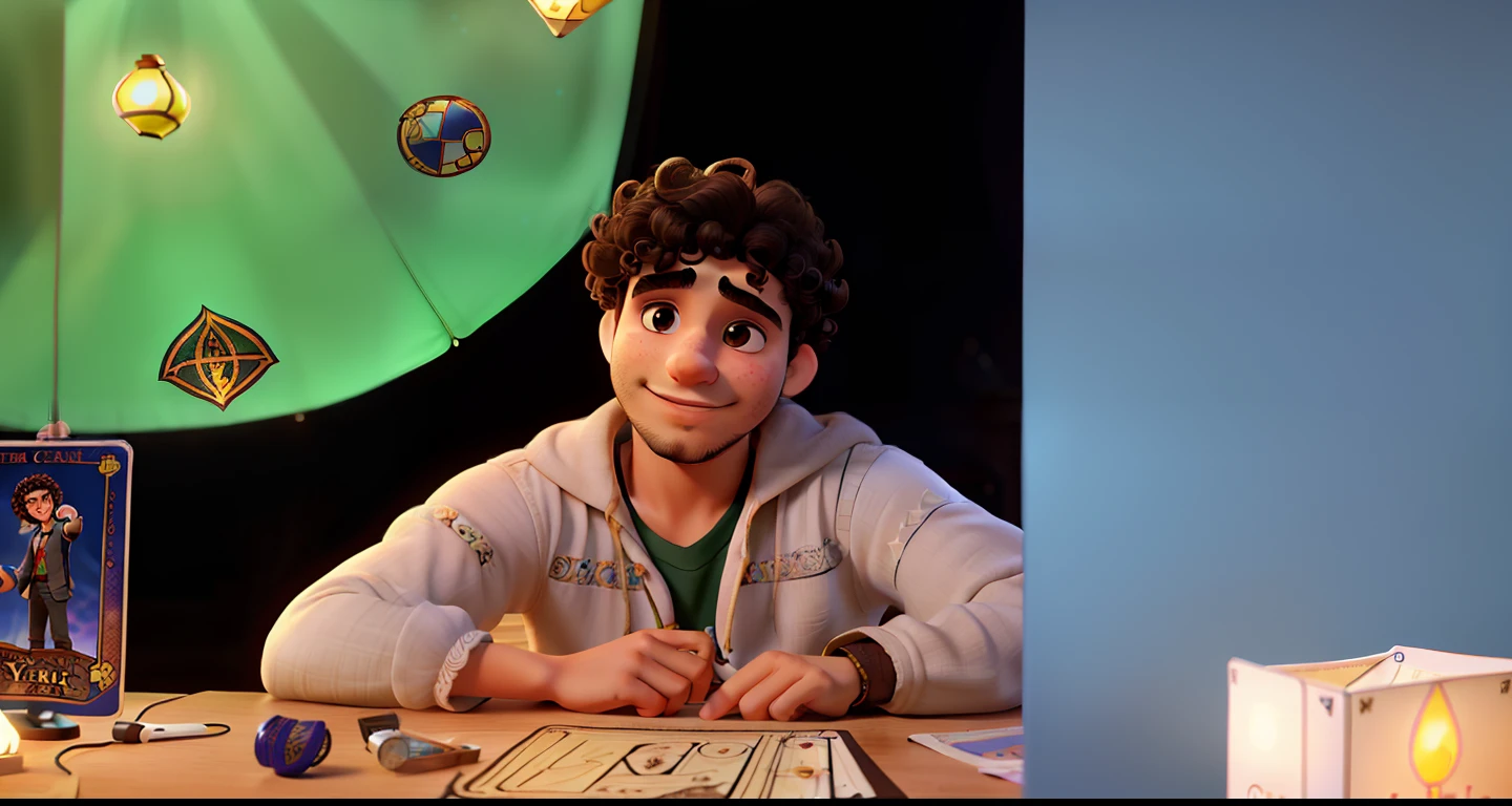 A curly-haired actor boy with tarot cards in front, illuminated by the light of a lamp, barba e bigode  bem feito