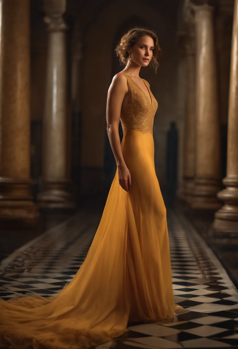 Realistic photo of a beautiful European woman, (Jennifer Lawrence 1:0.5), (skin texture:1.1), (detailed eyes), (brown hair), (short hair), (detailed face), (skin pores), (legs), (heroic body), pale skin, ((high detail plunging partially transparent colourful royal dress)), (seductive smile), standing in the royal baths, facing the camera, (masterpiece), (photorealistic:1.4), RAW photo, best quality, high res, rich colors, backlight, bright sunlight, cinematic lighting, film grain, raw photo, 50mm lens, Nikon D850, cool colors, golden ratio, wet skin, wet hair, wet clothes