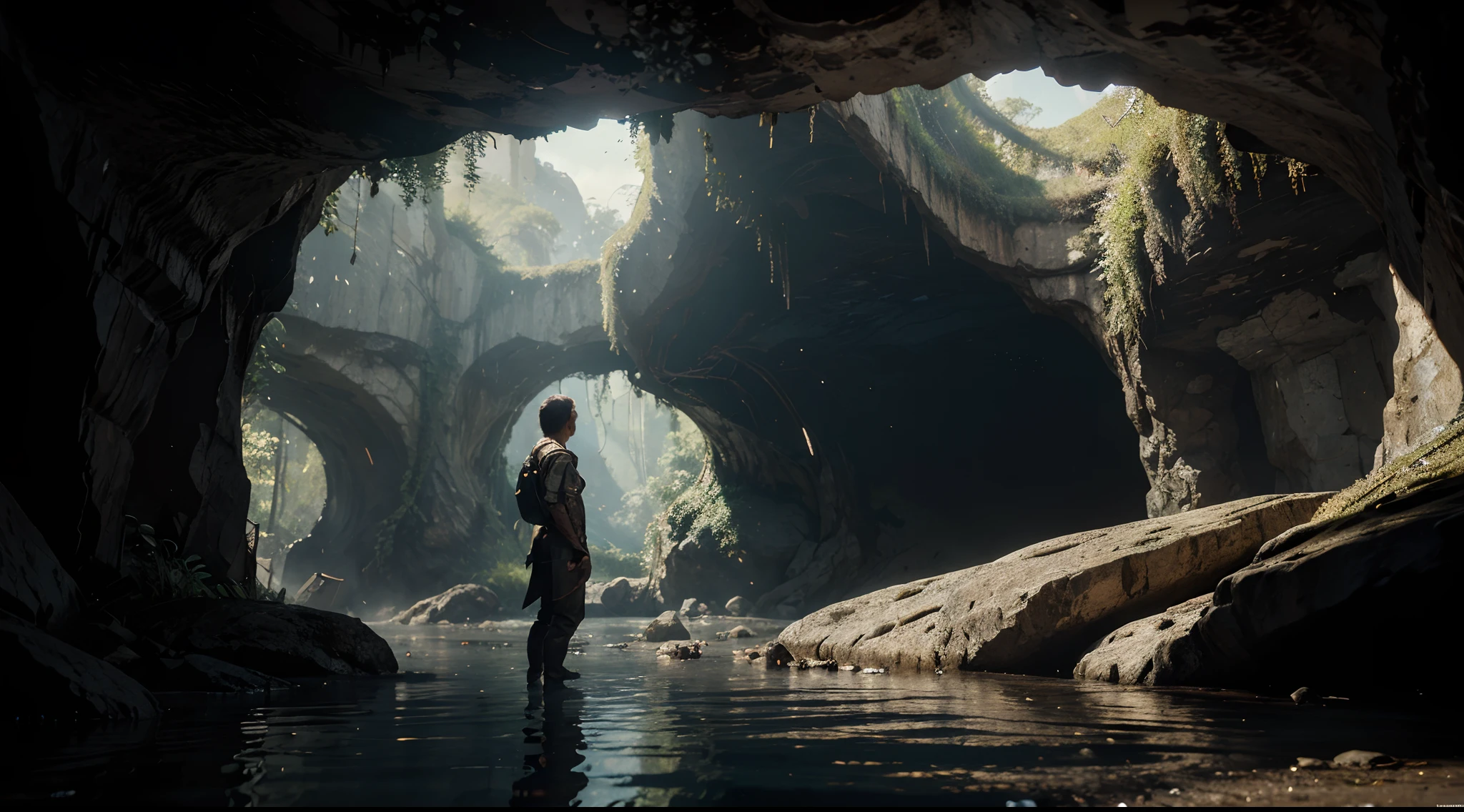 A person standing inside cave watching a portal above him, the cave is filled with foliage, and patches of water where reflections can be seen,by pascal blanche rutkowski repin artstation hyperrealism painting concept art of detailed character design matte painting, 4 k resolution blade runne