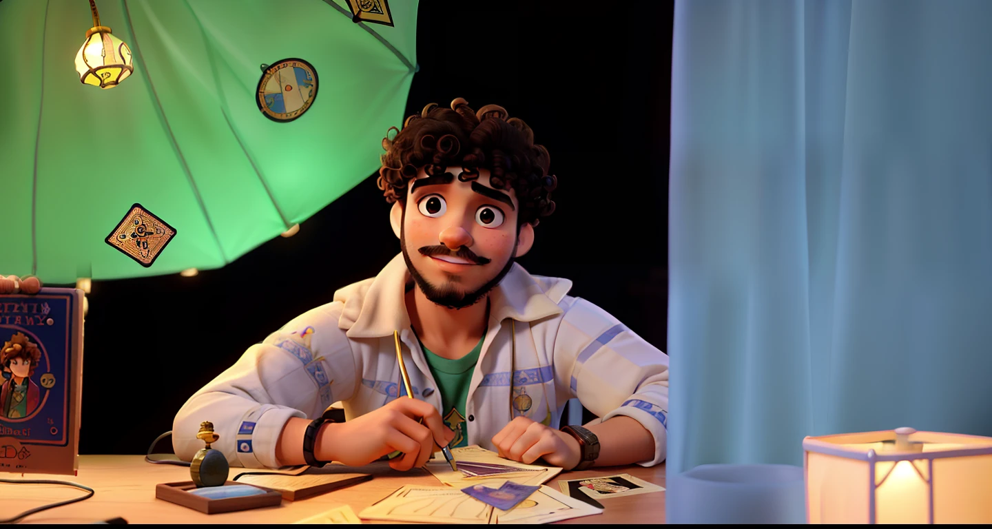A curly-haired actor boy with tarot cards in front, illuminated by the light of a lamp, barba e bigode  bem feito