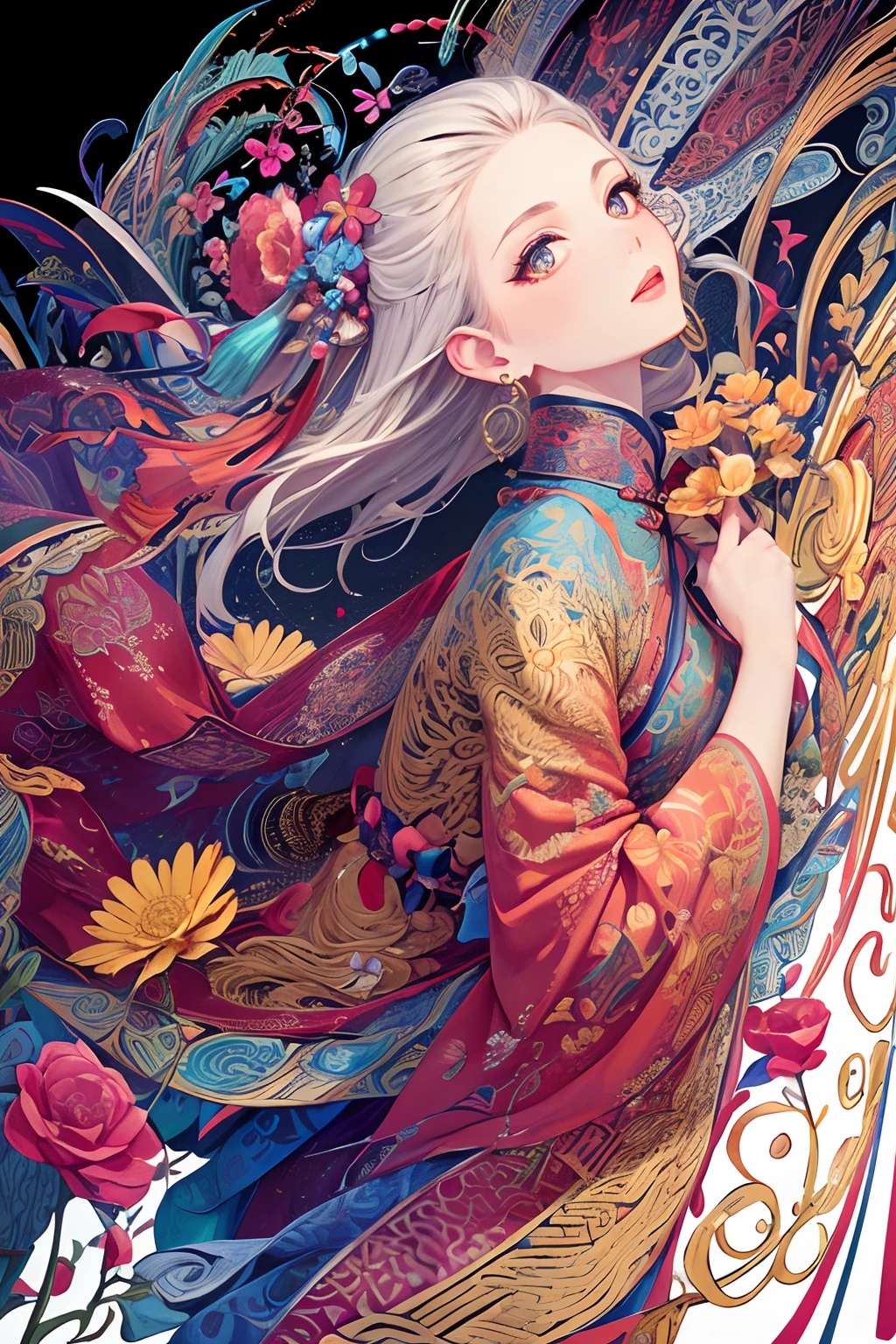 Official Art, unity 8k wallpaper, Super detailed, beautifully、aesthetic, masterpiece, Highest quality, Chinese style, (zenTangle, Mandala, Tangle, enTangle), Flower Ecstasy, One person, Very detailed, Dynamic Angle, Cowboy Shot, The most beautiful form of chaos, elegant, Brutalist design, Vibrant colors, Romanticism, James Jean, Robbie Dowie Anton, Ross Tran, Francis Bacon, It was freezing cold, Adrian&#39;s genius, Petra Cortright, Gerhard Richter, takato yamamoto, Ashley Wood, Atmospheric