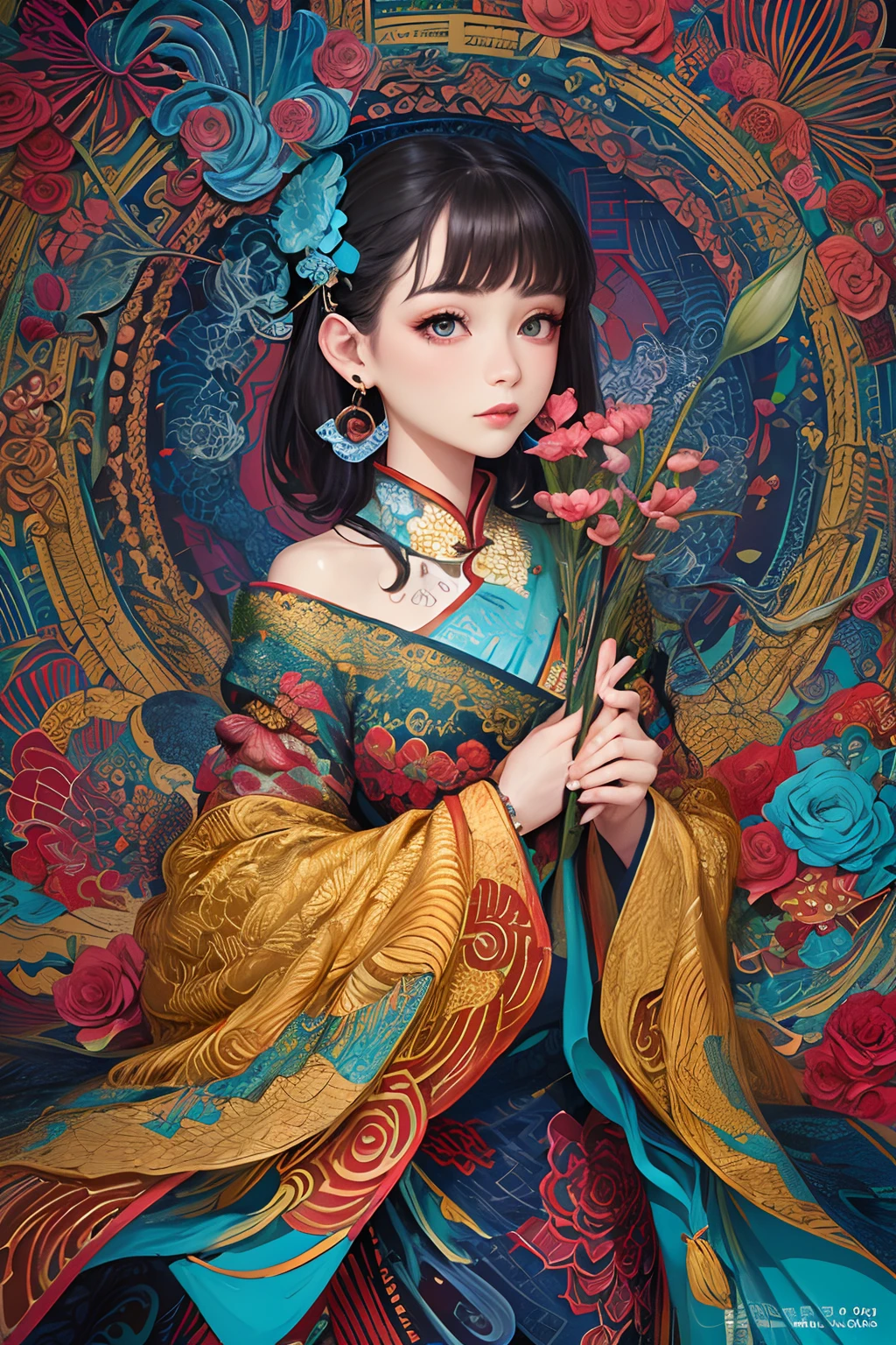 (masterpiece, top quality, best quality, official art, beautiful and aesthetic:1.2), (1girl:1.3), extremely detailed,(fractal art:1.1),(colorful:1.1)(flowers:1.3),highest detailed,(zentangle:1.2), (dynamic pose), (abstract background:1.3), (chinese Traditional cloth:1.2), (shiny skin), (many colors:1.4), ,(earrings:1.4),