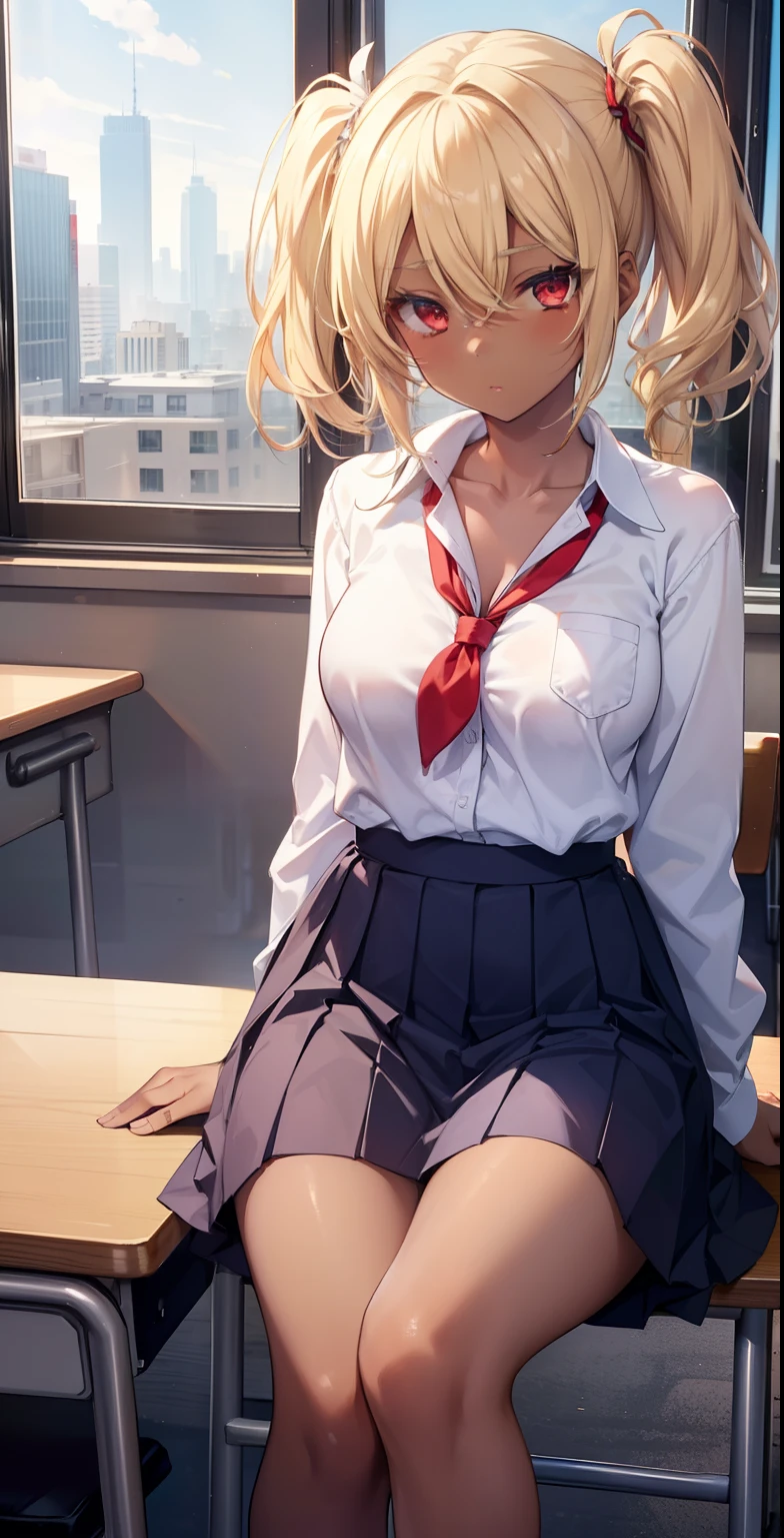 (masterpiece: 1.2, best quality), 1 lady, solo, school uniform, classroom, day, sit, blonde, twintails, red eyes, open collarbone, dark skin, (open breasts: 1.1),