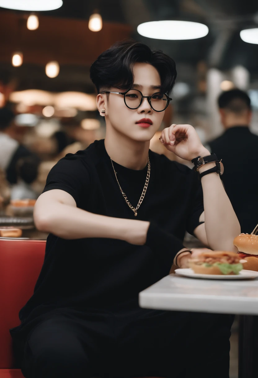 Park Jimin wearing black clothes and a pair of black glasses in the food court.
