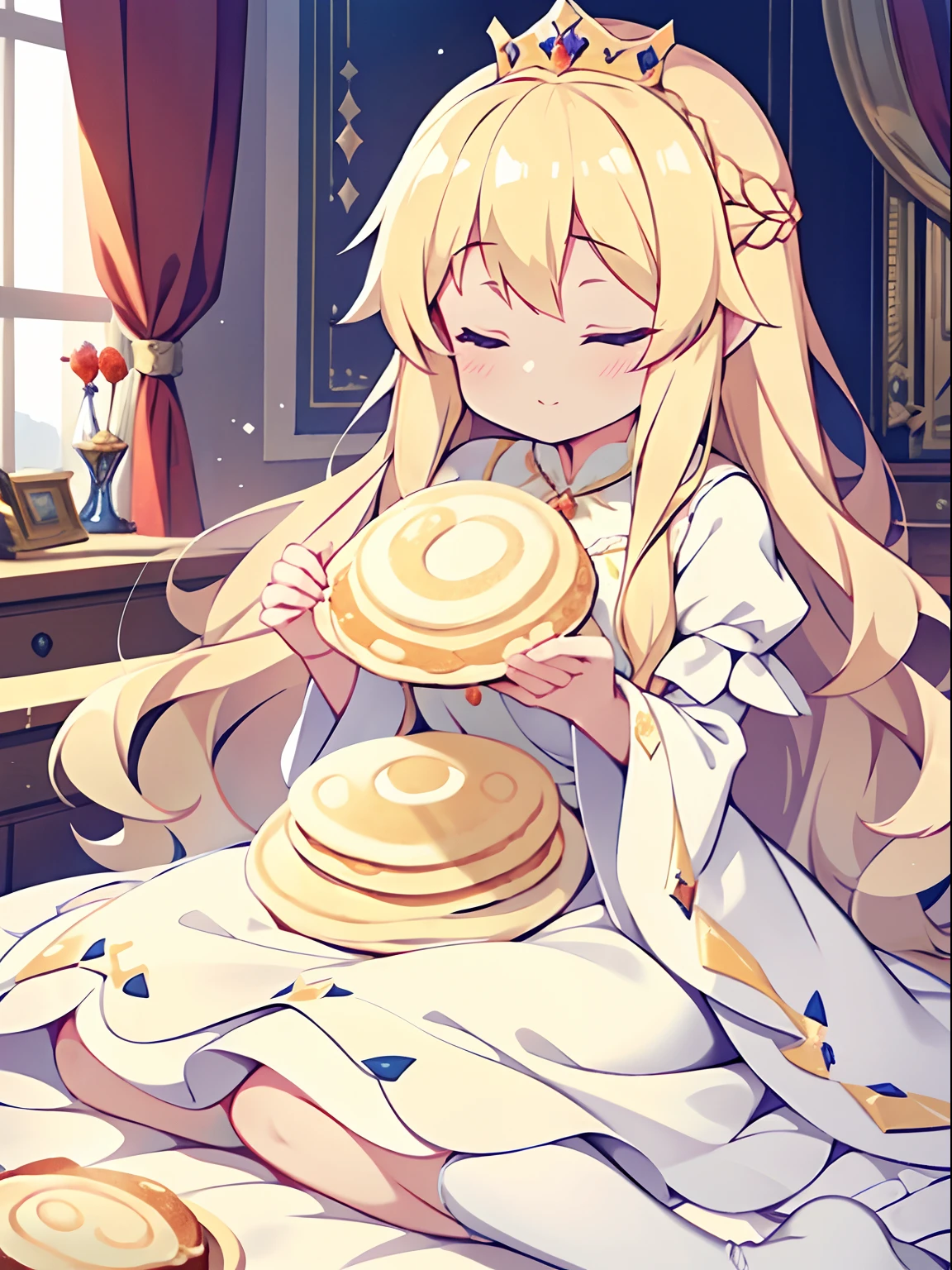 Blonde long-haired princess in white royal dress lying with her eyes closed on a fluffy pancake,