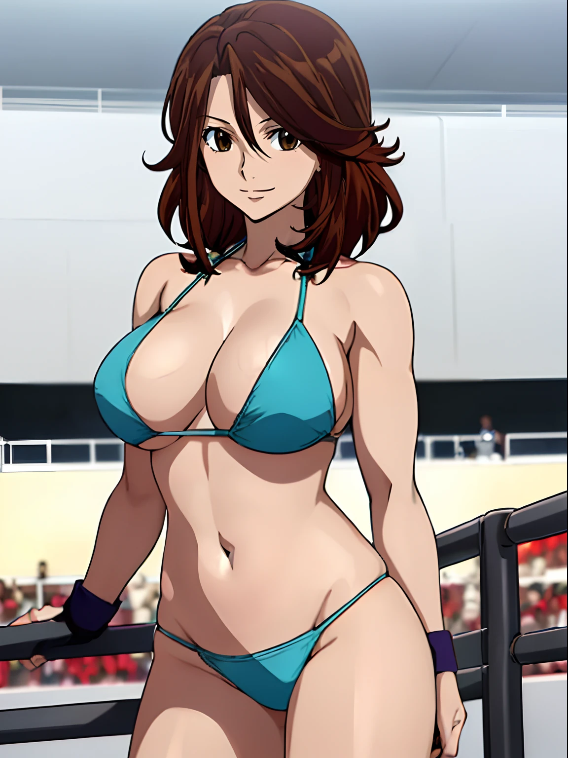 Elegant lady, very close view, anime style: 1.8, anime drawing, ultra detailed face, ultra detailed body, 4k, Sumergai Lee Noriega, ((standing on wrestling arena)), best quality, anime style, hires, highest definition, digital blending, bold drawing lines, (only WHITE background), ( slim body, (little biceps), , off-shoulders, closed fists, (curvy: 2.8)), ((bikini top and bottom with chaps))), gentle, (pale skin, shiny skin, very big breasts, smile), (big eyes, brown eyes), (brown hair, loose hair), 27 years old,