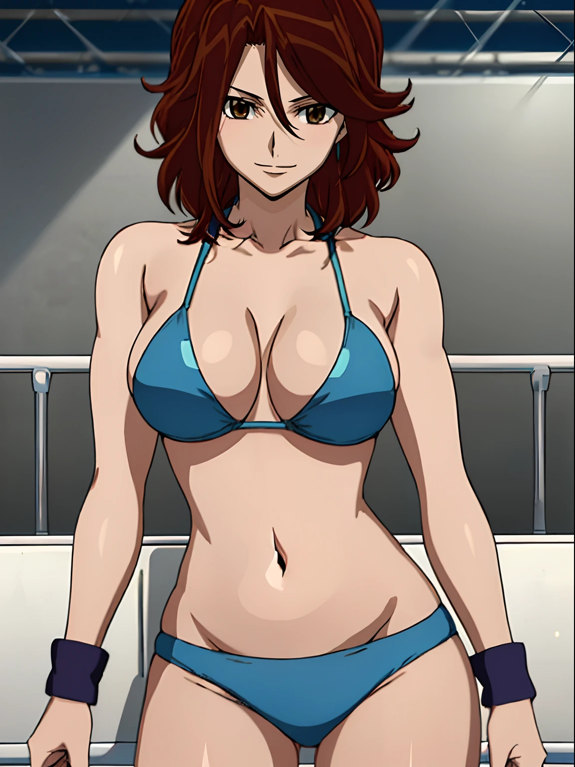 Elegant lady, very close view, anime style: 1.8, anime drawing, ultra detailed face, ultra detailed body, 4k, Sumergai Lee Noriega, ((standing on wrestling arena)), best quality, anime style, hires, highest definition, digital blending, bold drawing lines, (only WHITE background), ( slim body, (little biceps), , off-shoulders, closed fists, (curvy: 2.8)), ((bikini top and bottom with chaps))), gentle, (pale skin, shiny skin, very big breasts, smile), (big eyes, brown eyes), (brown hair, loose hair), 27 years old,