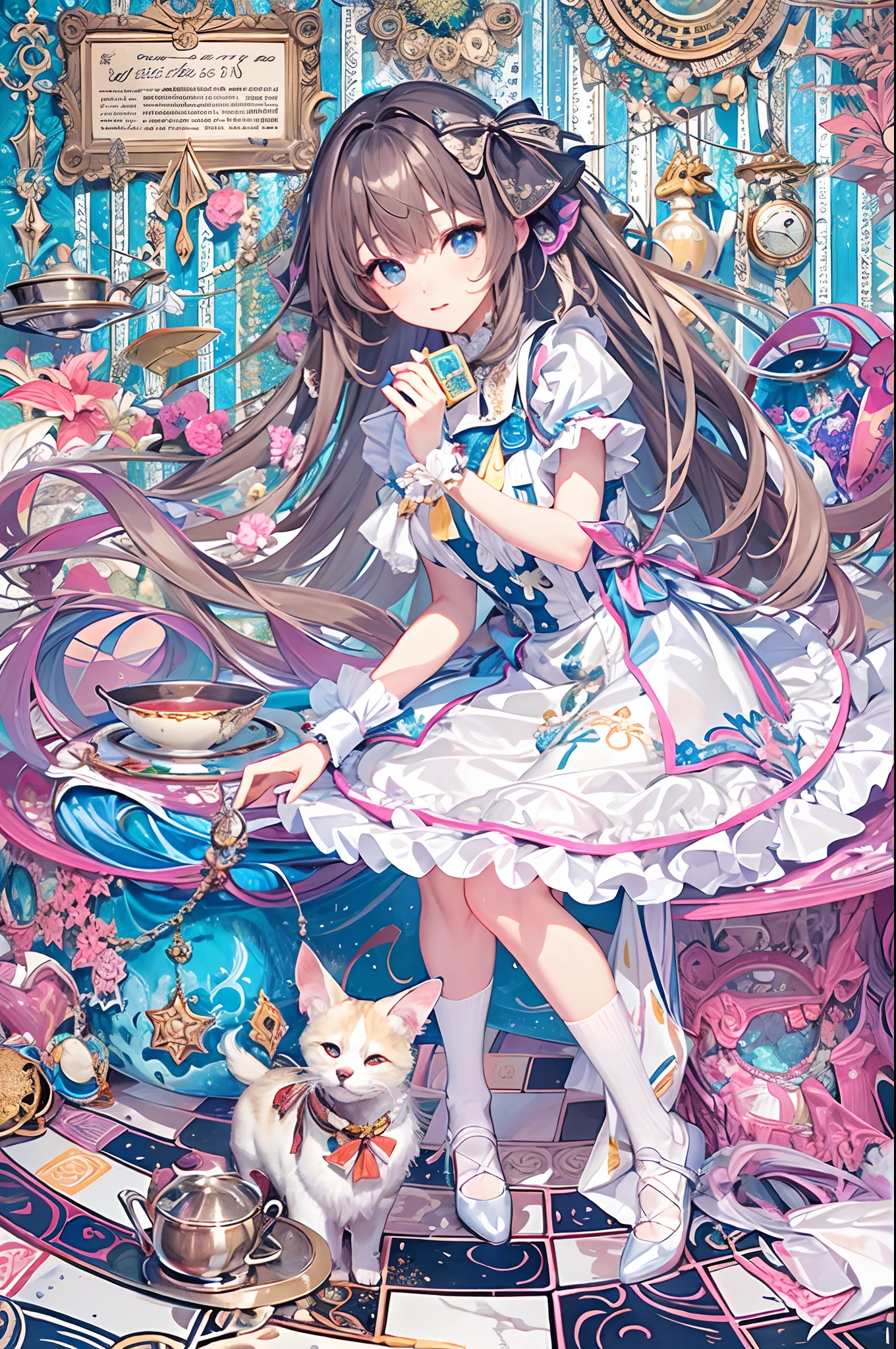 (masuter piece、top-quality、Mystical、Beautifully Aesthetic、offcial art、Impresionismo、von gogh:1.2)、(1 girl in:1.3)、(Fractal Art:1.4)、shinny skin、patterns、(alice in the wonderland:1.2)、(bunny rabbit、Siamese cat、PlayingCards、tea cup、pocket watch:0.8)、Tie your hair with a ribbon、Blue Dress、a miniskirt、beauty legs、White Apron、white sock、platinum-blonde、Blue eyes、Exotic wallpapers、highly colorful、Abstract background、Fantastical