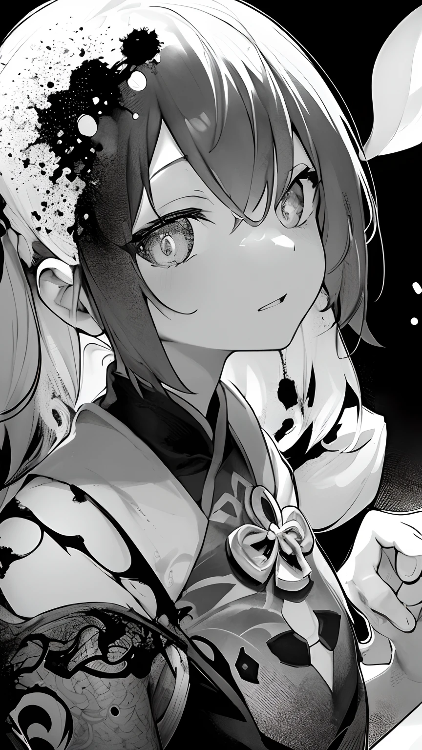 {{{{masterpiece}}}}, {{{hyper detailed}}}, {{{highres}}}, {{good anatomy}}, (((best quality))), ((an extremely delicate and beautiful)), {{an extremely detailed and delicate}}, {8k cg wallpaper}, {{illustration}}, (greyscale with colored background:1.1), ray tracing, bokeh, black background, (splattered ink:1.3), 1girl, solo, hu tao(genshin impact), boo tao, symbol shaped pupils, hiten1,