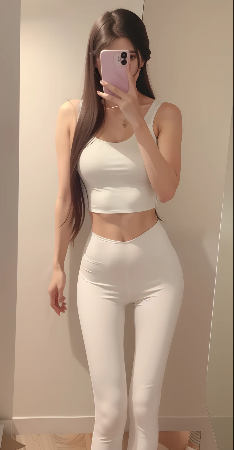 a close up of a woman taking a selfie in a mirror, wearing tight simple clothes, wearing sexy cropped top, fit dainty figure, Good hips and long legs, skinny waist and thick hips, Physical : tinyest midriff ever, thicc, Thin waist, violet tight tanktop, Slender waist, tight costume, wearing a low cut tanktop