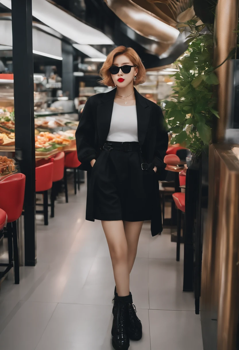 (best quality, highres, ultra-detailed), Park Jimin in black clothes and a pair of black glasses, at the food court, realistic lighting, vibrant colors, detailed facial features, stylish fashion, confident expression, immersive atmosphere
