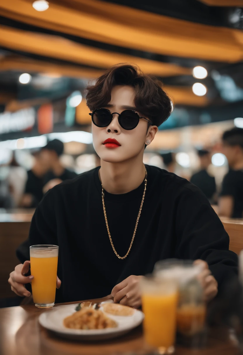 (best quality, highres, ultra-detailed), Park Jimin in black clothes and a pair of black glasses, at the food court, realistic lighting, vibrant colors, detailed facial features, stylish fashion, confident expression, immersive atmosphere