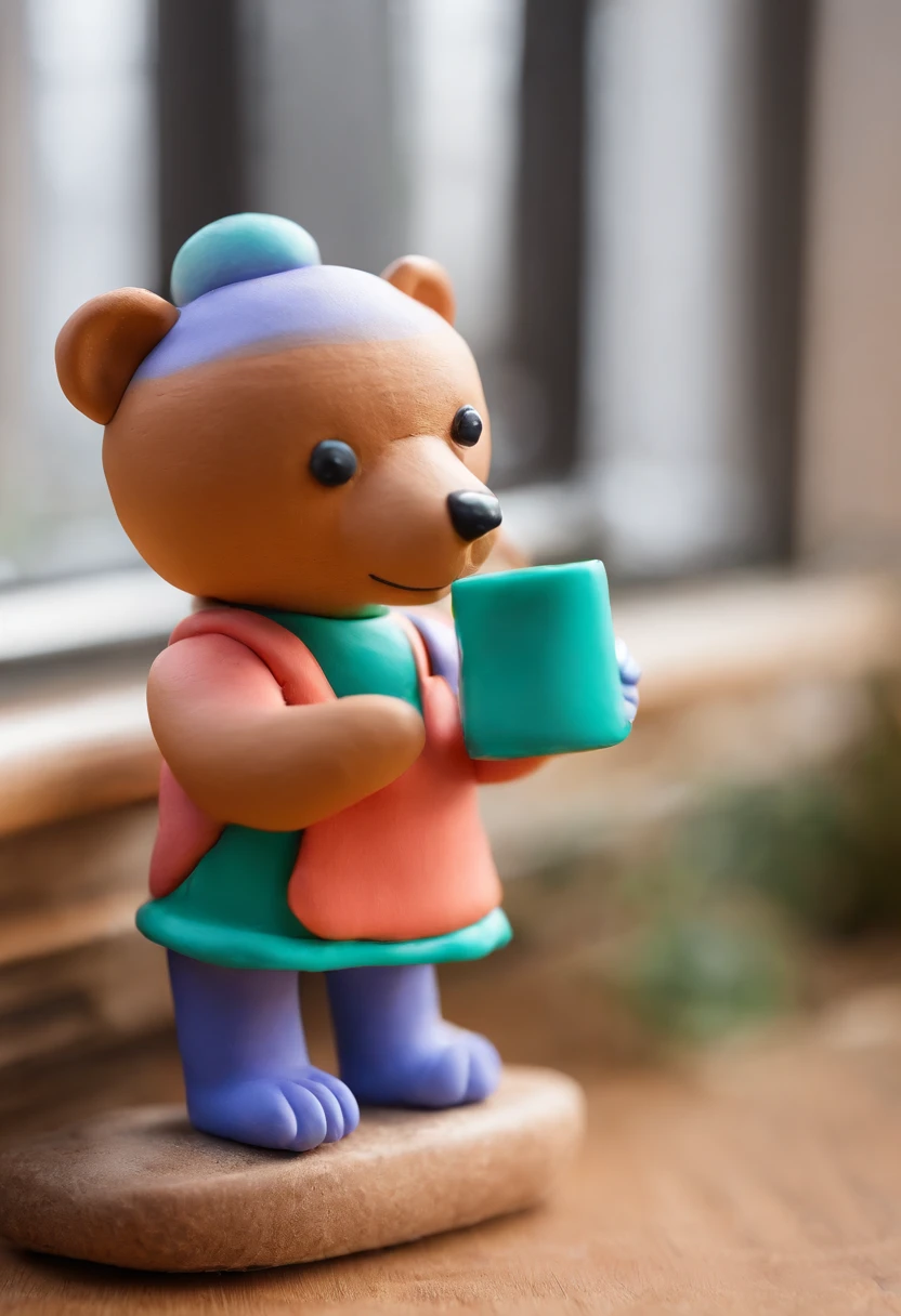 A stuffed bear holding milk tea,Sit on a stool and read,With a hat on,It was snowing outside the window