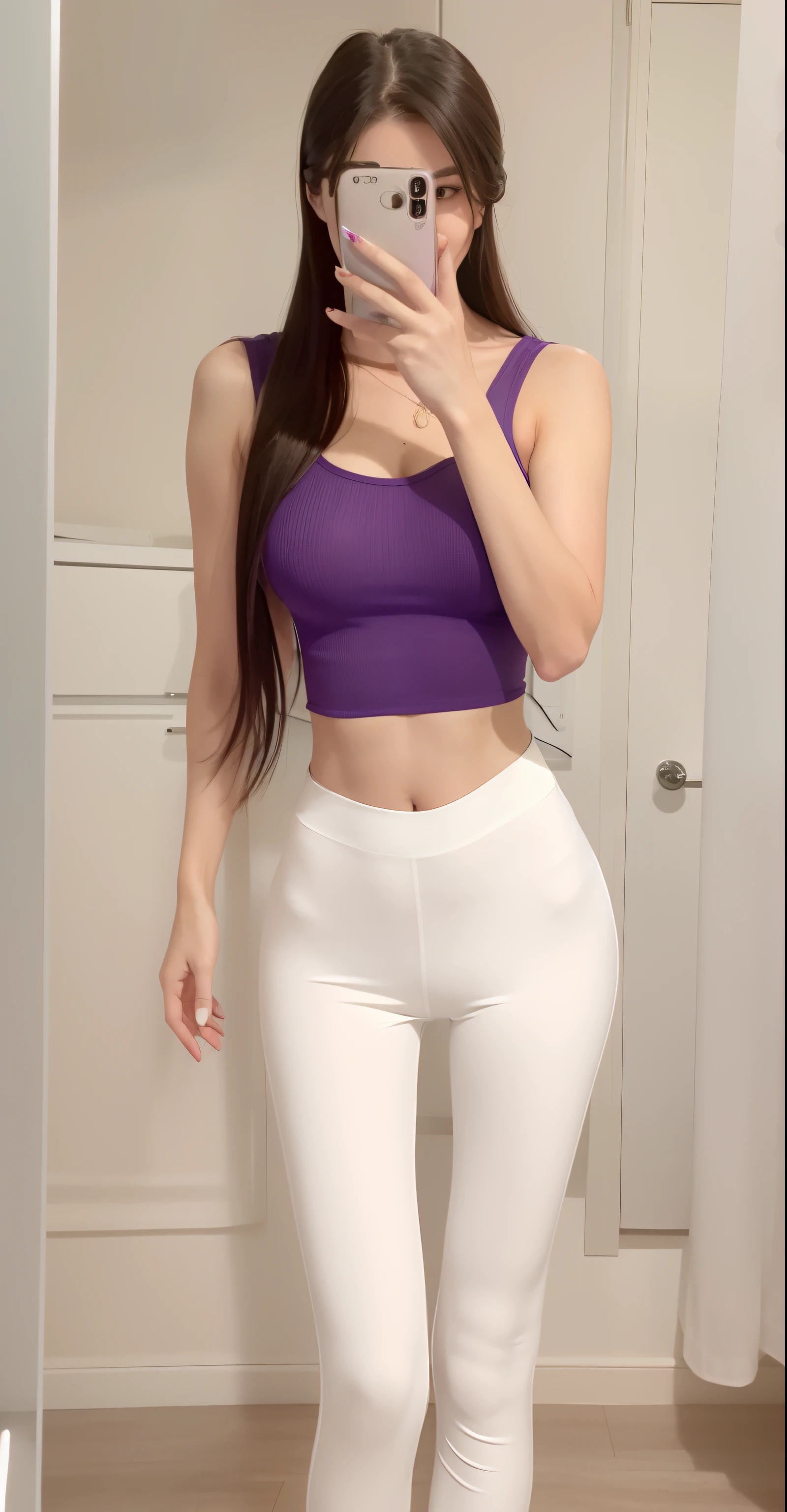 a close up of a woman taking a selfie in a mirror, wearing tight simple clothes, wearing sexy cropped top, fit dainty figure, Good hips and long legs, skinny waist and thick hips, Physical : tinyest midriff ever, thicc, Thin waist, violet tight tanktop, Slender waist, tight costume, wearing a low cut tanktop