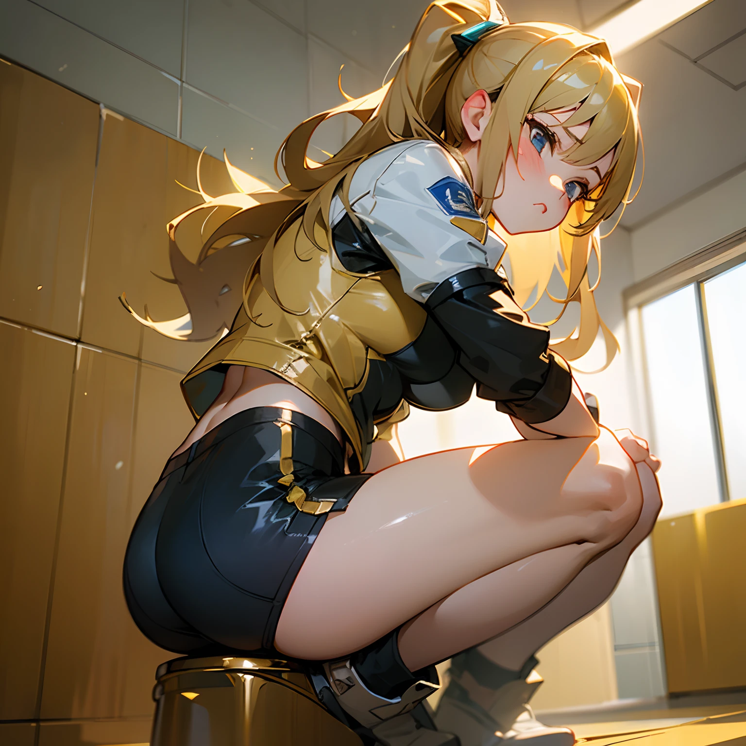 Blonde side ponytail beauty, wearing a full body white bodysuit, steam from the crotch, urine stains in the crotch, hiding in the locker room, standing with legs open, big long breasts, pubic hair, big ass, thick thighs, glowing skin, excretion, pee patience, beautiful eyes, depth of field, high definition CG unified 8k wallpaper, masterpiece, detailed background, dramatic angle, dramatic pose, fluttering hair, {{{full body}}, Perfect detail, realistic skin texture, cleavage, realistic details face, crotch urine, crotch cleft, crotch muscles, wet crotch, pee, crotch cleft, wet crotch, erection, waterfall from crotch