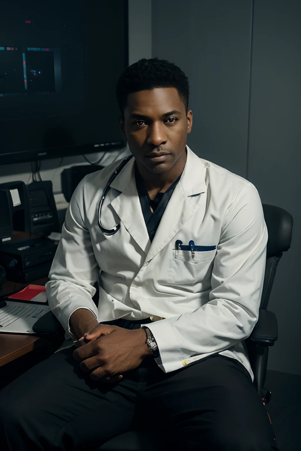 a sharp  looking black doctor (intricate detail), hdr, cinematic, photorealistic, sitting on cozy office chair waiting for his next patient, full photo