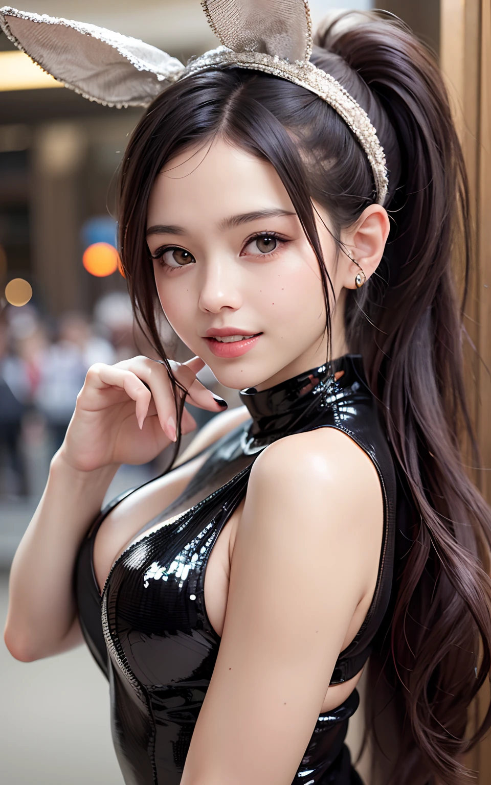 (Realistic, Photorealistic: 1.37), (8k, RAW Photos, Best Quality, Masterpiece: 1.2), Very Cute Woman, Ultra Detailed, Heart-Shaped Pupil, Physically Based Rendering, Ultra High Resolution, Kodak Vision Color, Shot with Arricam LT Camera, Bokeh, Sharp Focus, ((Correct Anatomy: 1.2)), ((Jenna Ortega )) Watch Viewer, Real, Solo, Photorealistic, top quality, highly detailed face, (sequins, black bunny suit, rabbit ear shaped hairband: 1.2)), ponytail, highly detailed eyes and face, beautiful detailed eyes, double eyelids, (((unforgettable smile: 1.2)), red cheeks, hair fluttering in the wind, ((upper body)), (casino, background blur)), big, cute random pose