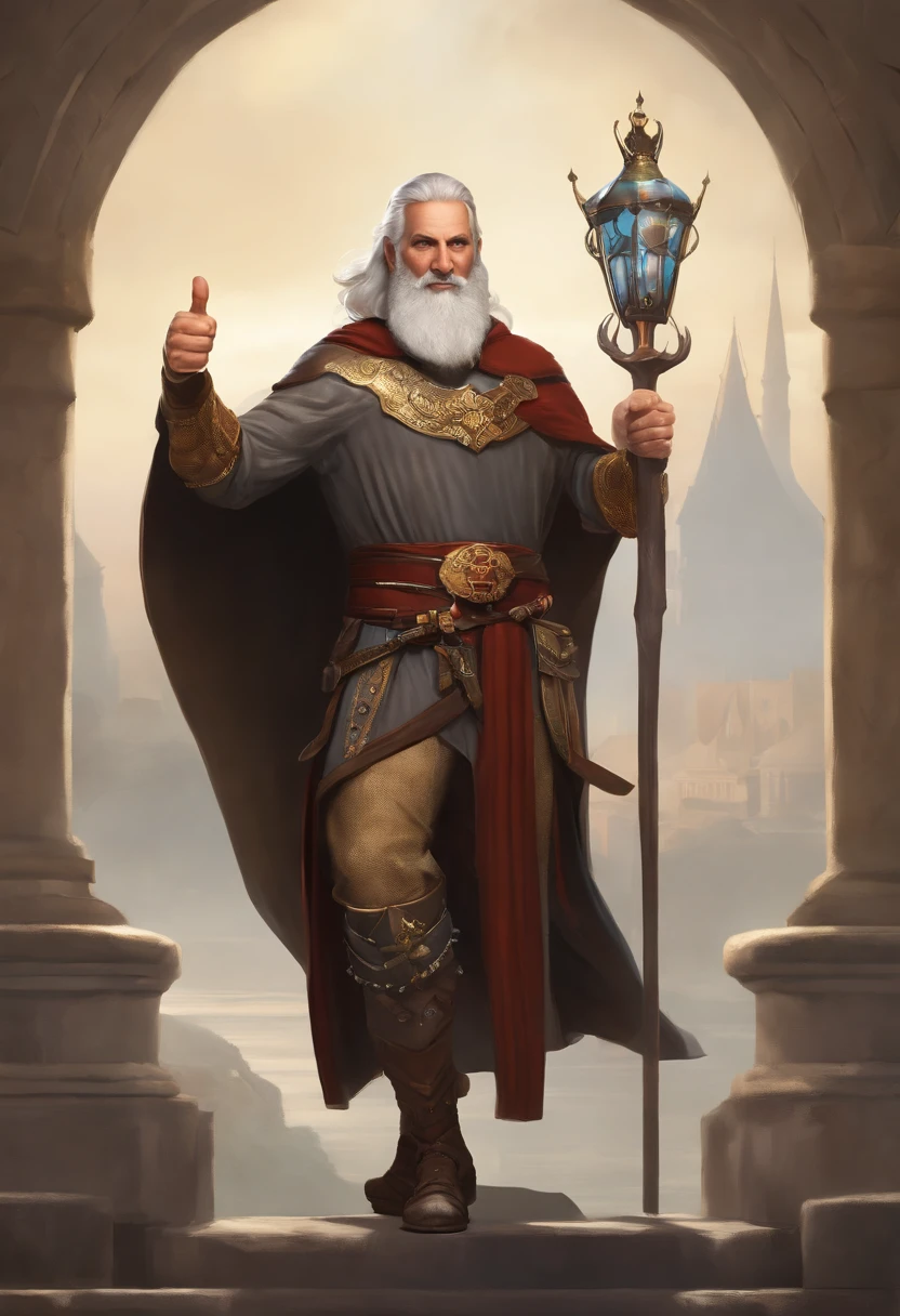 A Character Dynamic Full Body Shot Pose,Medieval Age Strong 43-year-old men with white hair and beard wear Crown Coat with black dots of skin THUMBS UP, Rey Midas usando un videojuego , character sheet, fondo blanco --ar 3:2,Poses de personajes