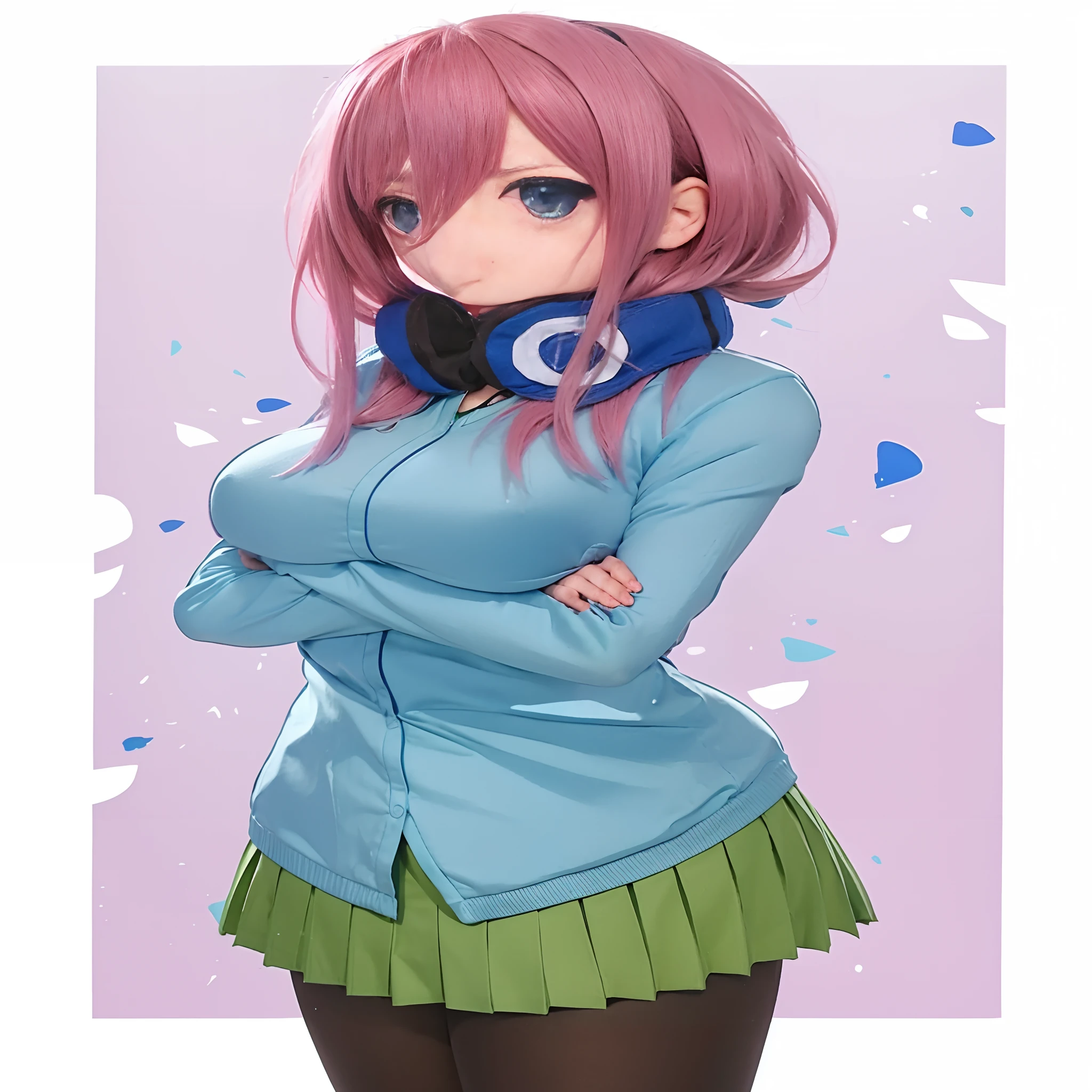1girl, pink hair, blue eyes, sticking tongue, big eyes, blue clothes, green skirt, brown long socks, black shoes, sexy expression, visible cleavage, Miku Nakano, hands holding hair,
