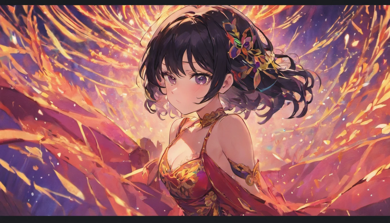 lack dress , black hair , big boobs