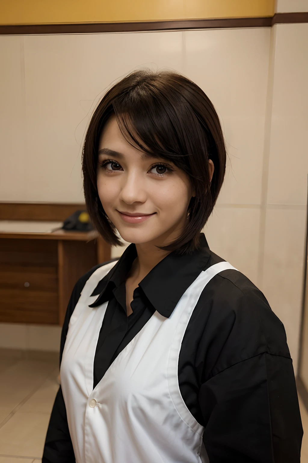 Una chica anime con el pelo corto y amarillo, Sus ojos son amarillos, Tiene un lunar debajo del ojo, He wears a black Japanese school uniform, Tiene mechones negros en el pelo. He has a mischievous smile. Y ella es bajita, Tiene flequillo largo y lleva el pelo recogido en una cola de caballo