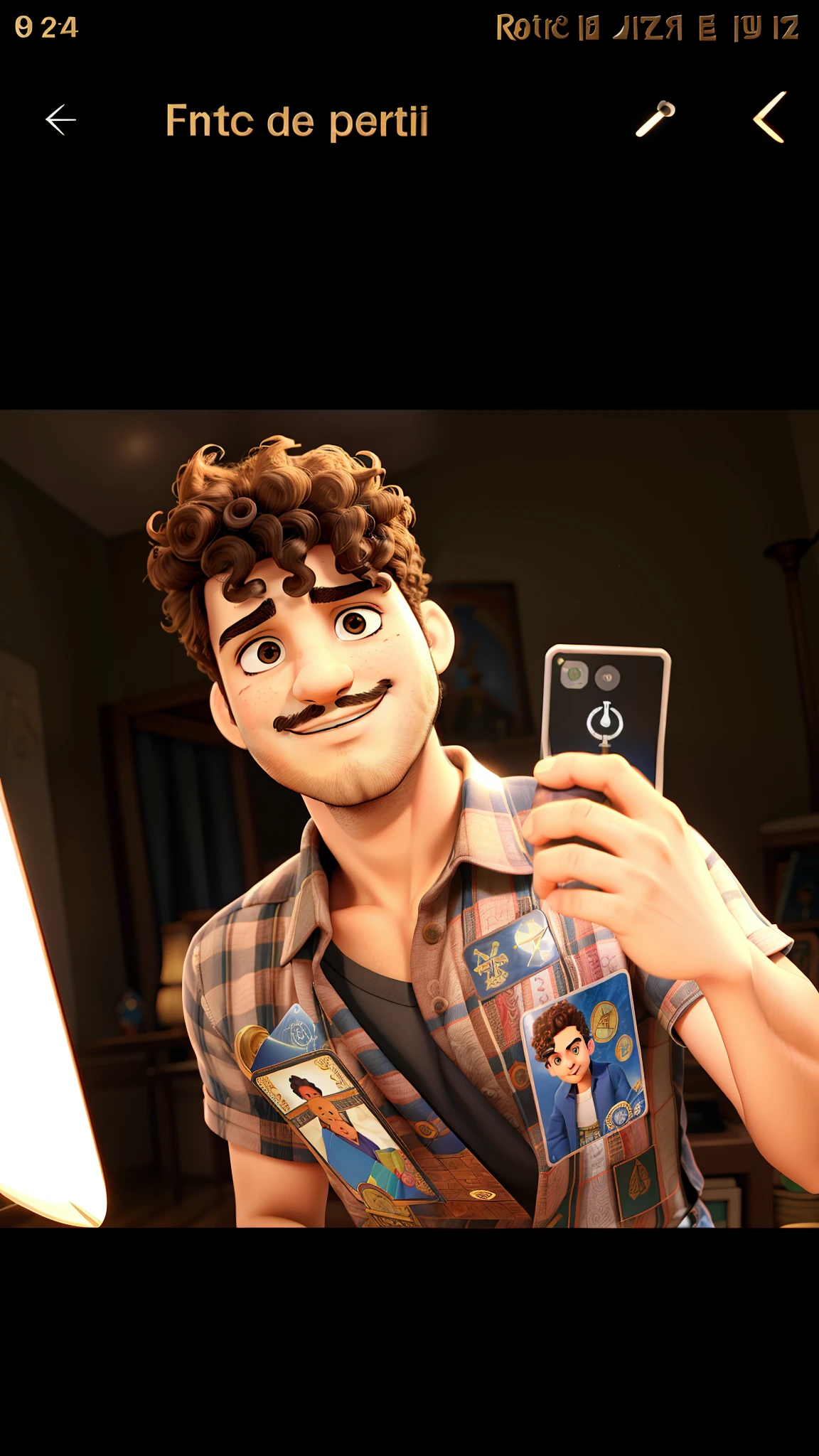 A curly-haired actor boy with tarot cards in front, illuminated by the light of a lamp, barba e bigode  bem feito