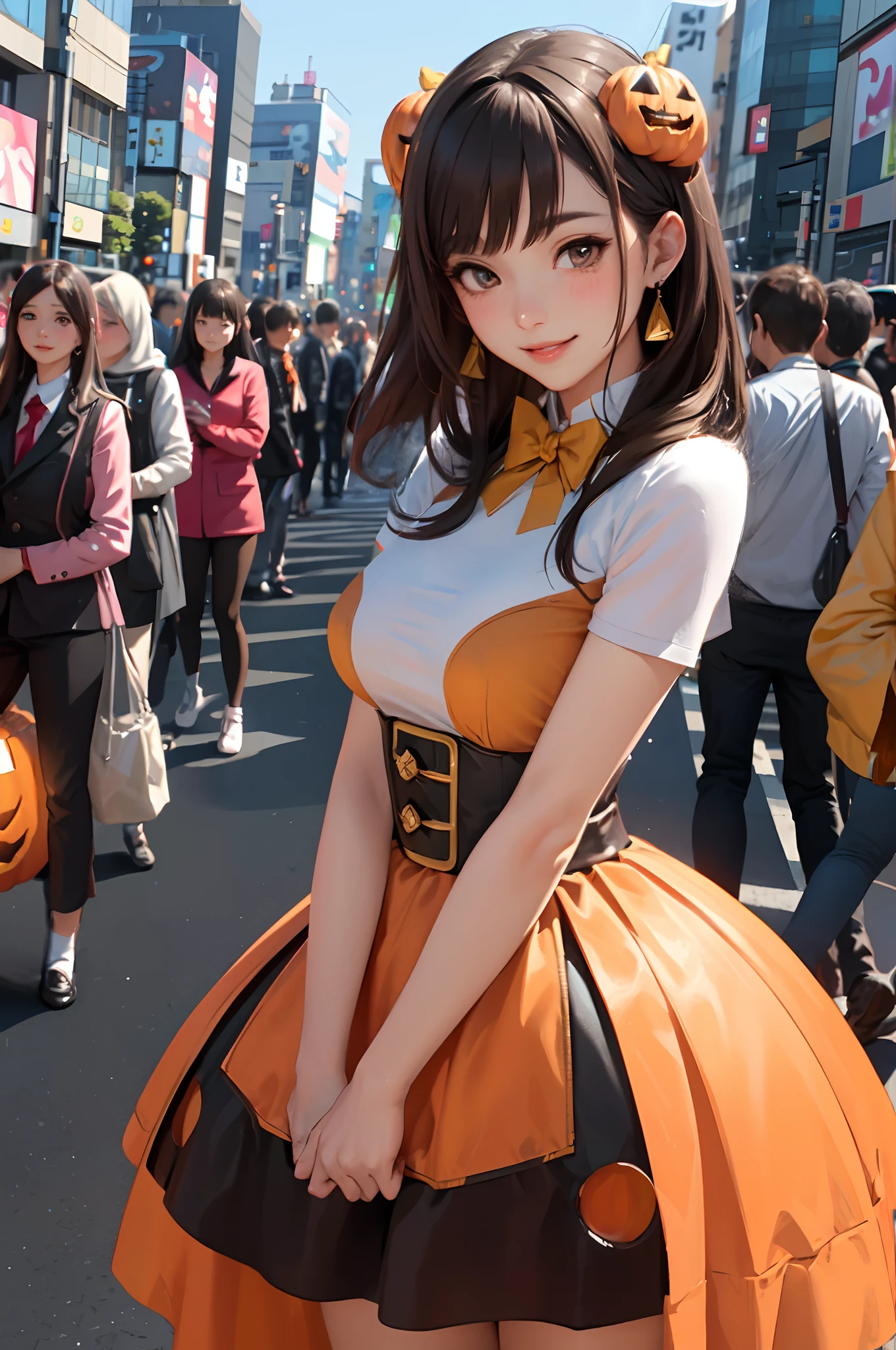 1lady standing, (supersentai costume:1.2) tokusatsu, mature female, /(brown hair/) bangs, blush kind smile, (masterpiece best quality:1.3) delicate illustration ultra-detailed, large breasts BREAK /(streets of Shibuya/) outdoors, jack-o'-lantern Halloween parade, crowded audience