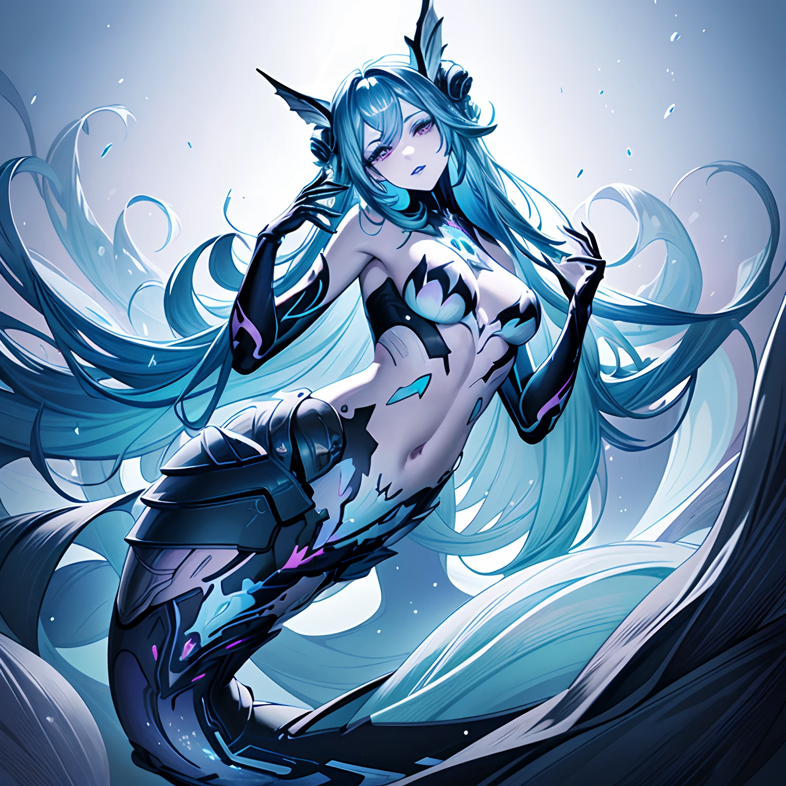 masterpiece, Lamiapgr, best quality, masterpiece, amiapgr, blue_lipstick, blue_eyeliner, symbol-shaped_eyes, multicolored_hair, detached collar, head fins, hand on own head, hand up, head tilt, holographic interface, Mermaid tail, mermaid, mermaid.full body, Lamiapgr, blue lipstick