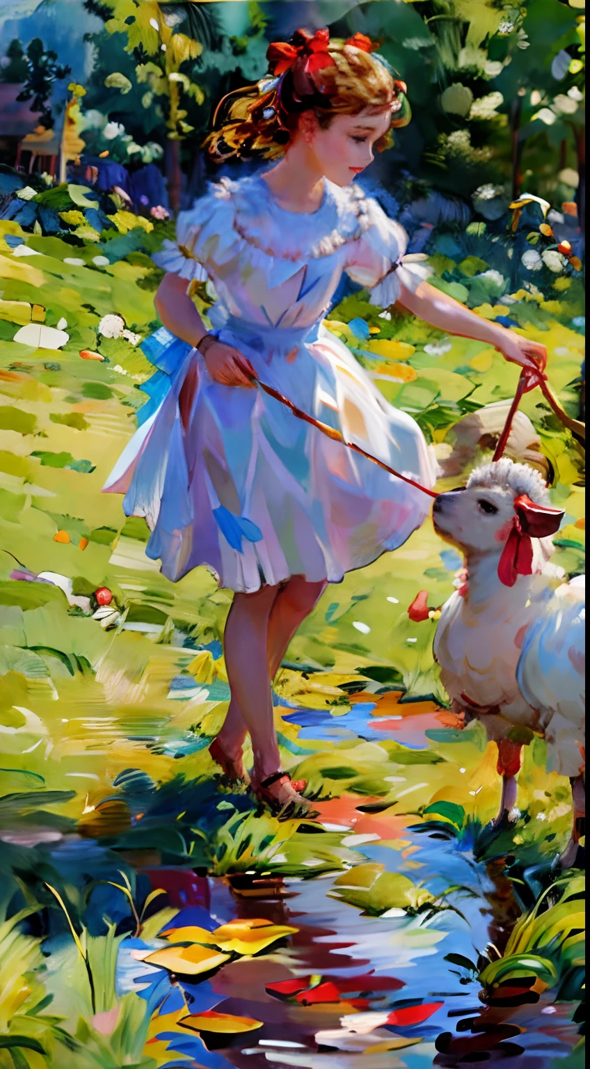 best quality, masterpiece, oil_painting_style,1 girl,  dress,grasslandï¼ sheep