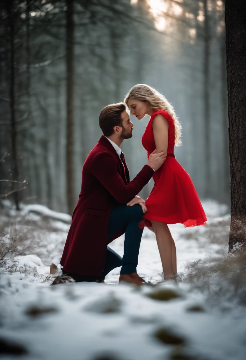 A couple man and woman he very handsome American 30 years old dark blonde hair short vest suit is kissing passionate A beautiful young woman of 25 years old blonde hair wears long red dress in a forest of snow real photo light face without deformations