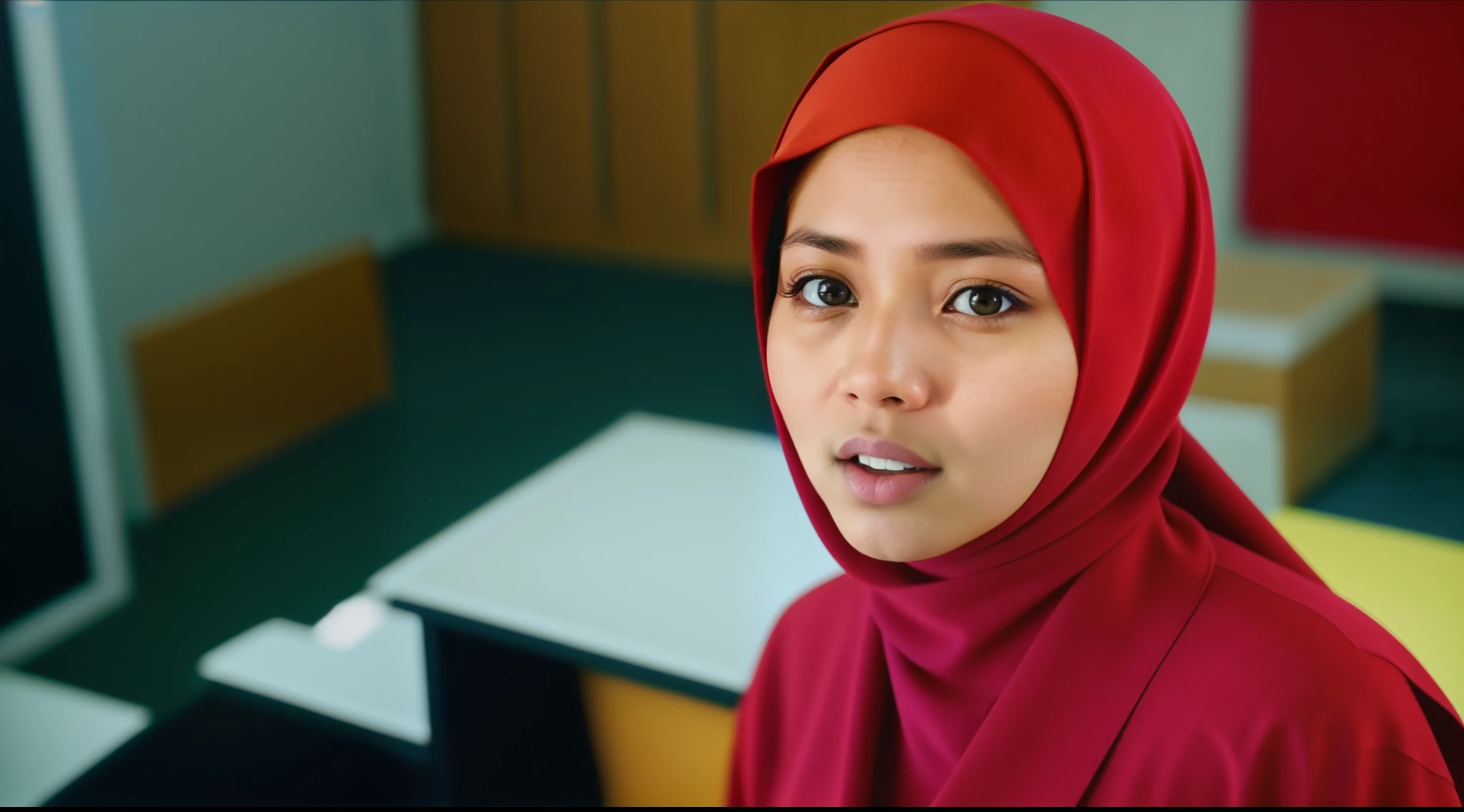 A malay girl in hijab and red pastel office suits in abandoned office, Super 8mm lense, Extreme close-up, High Contrast cinematography effect, Natural Lighting, Desaturate color grading, high quality, ultra detail, 8k resolution,