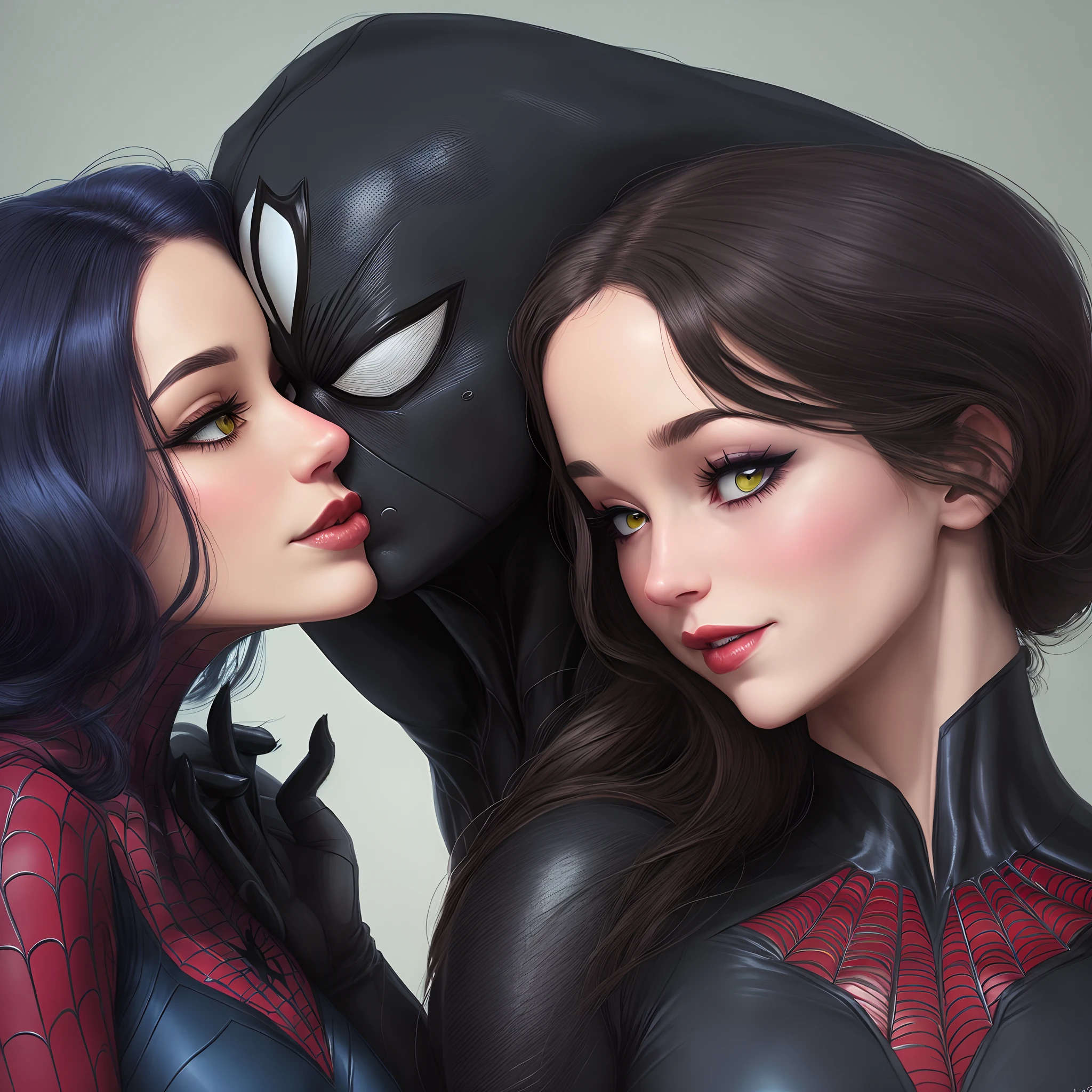 Black cat and symbiote spiderman kissing