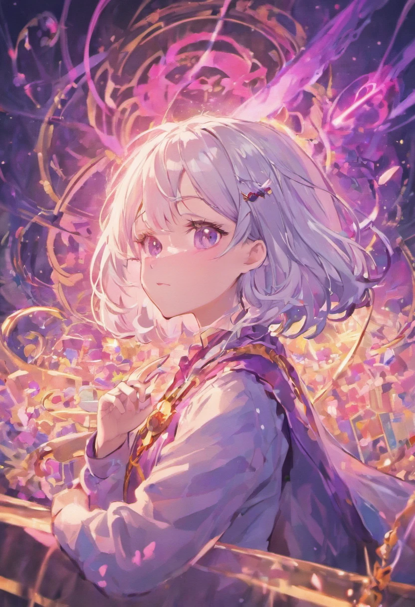 skistyle, 1girl in, Solo, White hair, Eyes are purple,, Looking at Viewer, With bangs, length hair,,, , Hair Bow, pink bows, Closed mouth, Shirt, White shirt, Portrait、makeup, Upper body, Wearing a black hat、Fortune teller's style、Holding tarot cards in his hand。