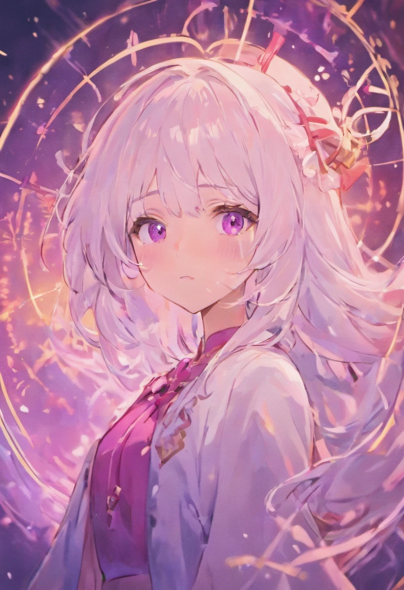 skistyle, 1girl in, Solo, White hair, Eyes are purple,, Looking at Viewer, With bangs, length hair,,, , Hair Bow, pink bows, Closed mouth, Shirt, White shirt, Portrait、makeup, Upper body, Wearing a black hat、Fortune teller's style、Holding tarot cards in his hand。
